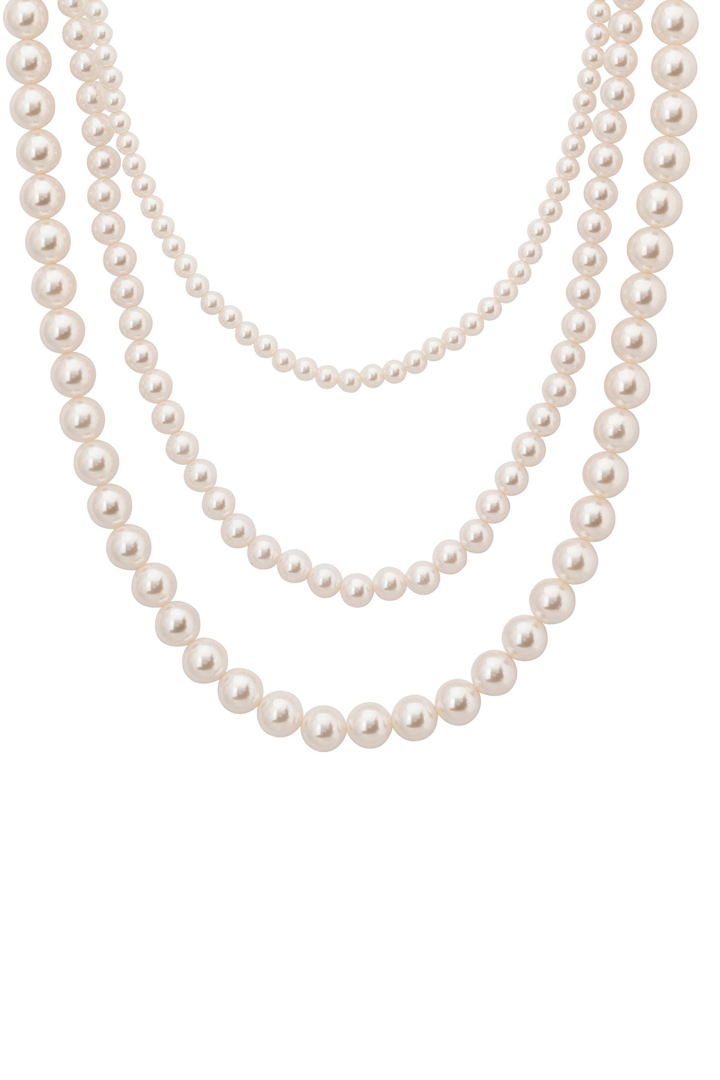 Close-up of the three strand pearl necklace.
