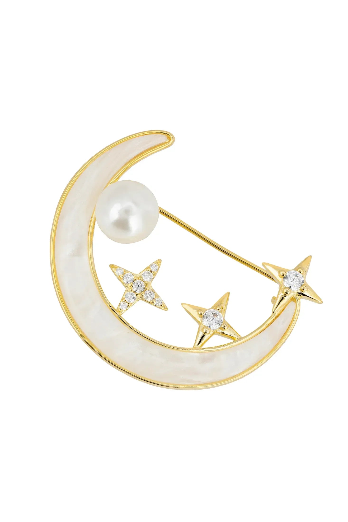 Pearl, stars and crescent moon gold brooch.