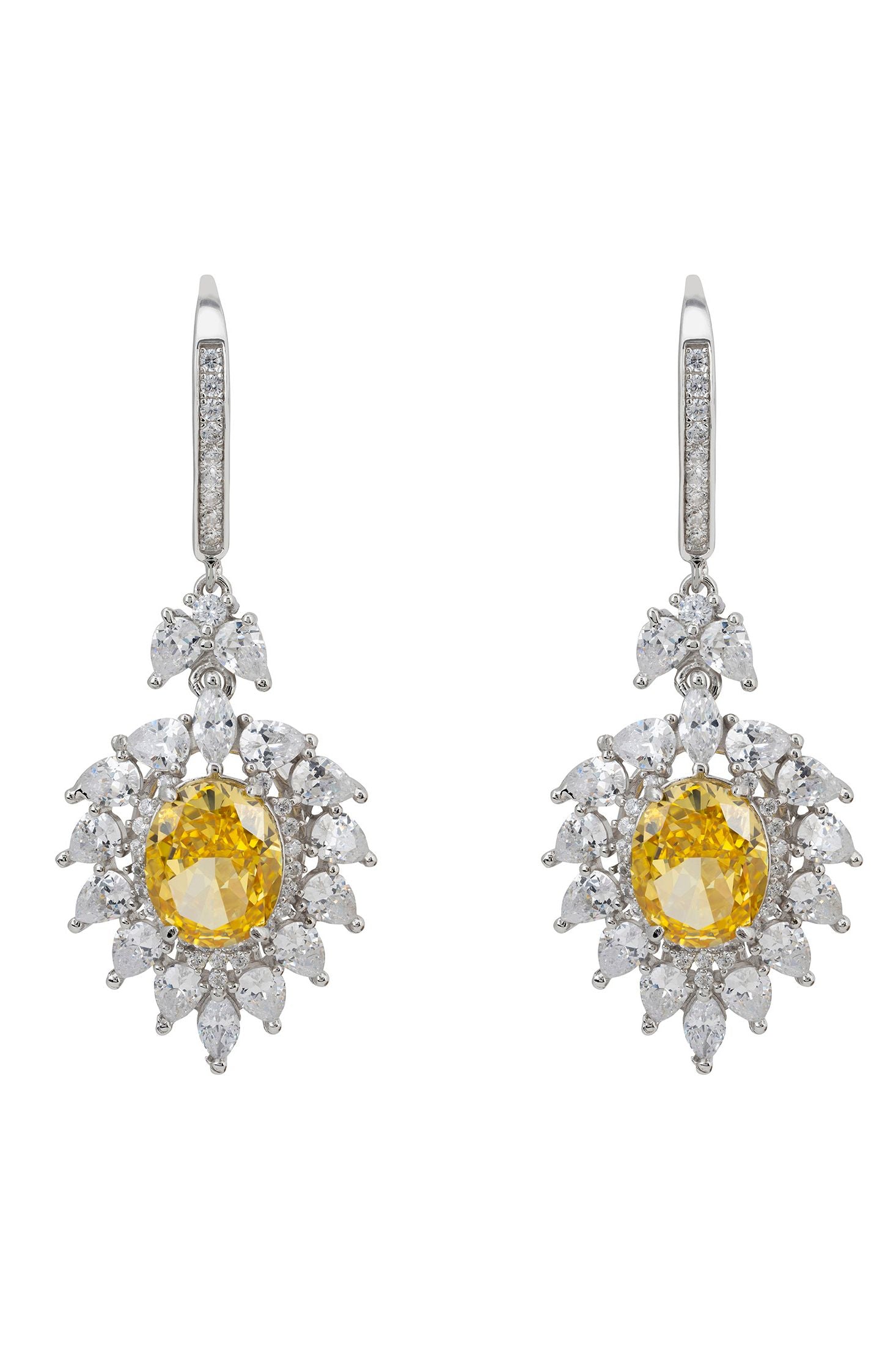 Yellow gemstone centerpiece diamond floral earrings.