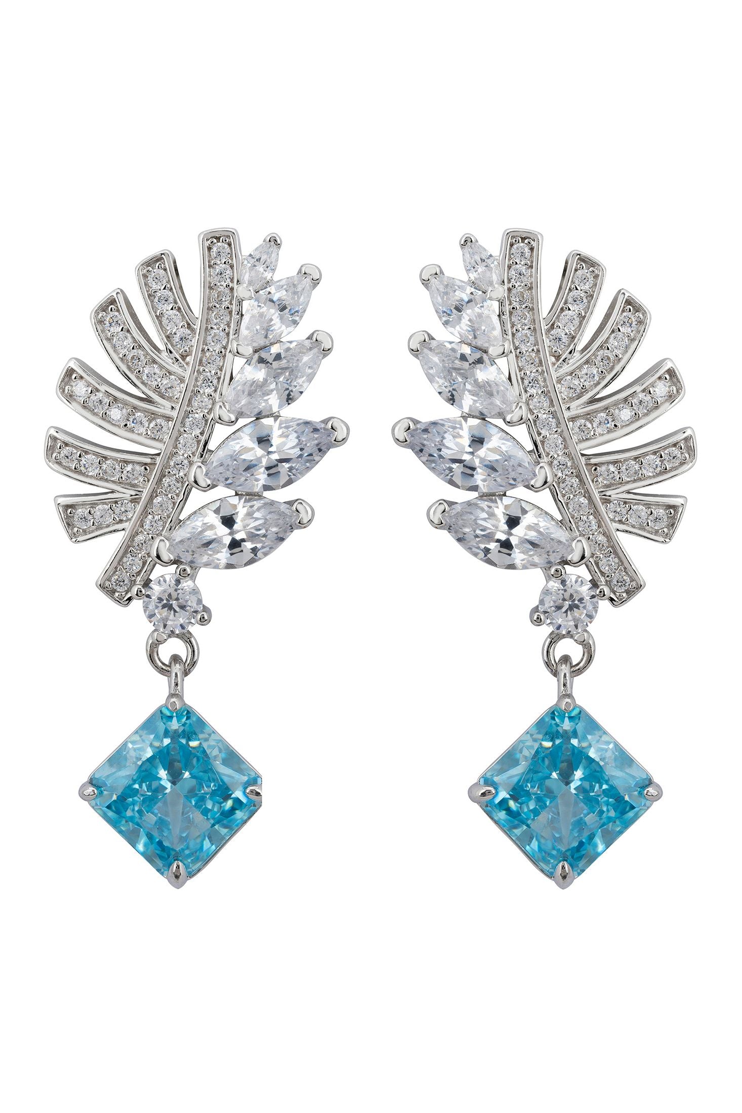 Blue gemstone and silver palm leaf earrings.