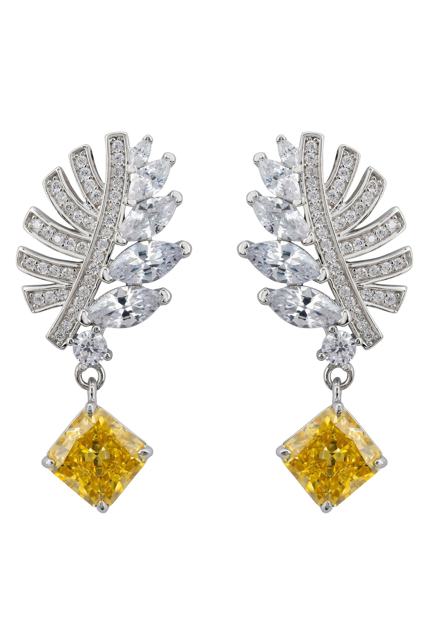 Yellow gemstone and silver palm leaf earrings.