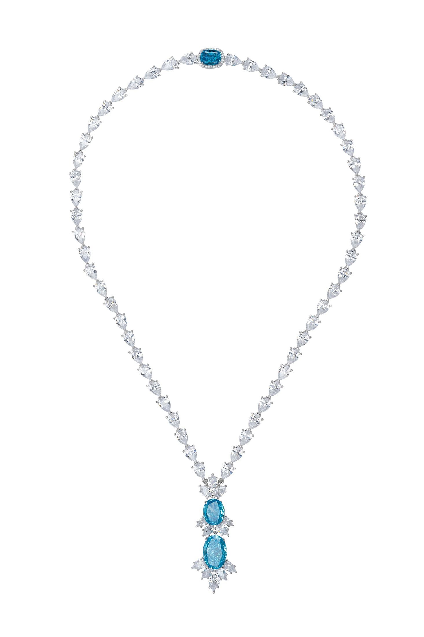Blue gemstone centerpiece teardrop diamond necklace.