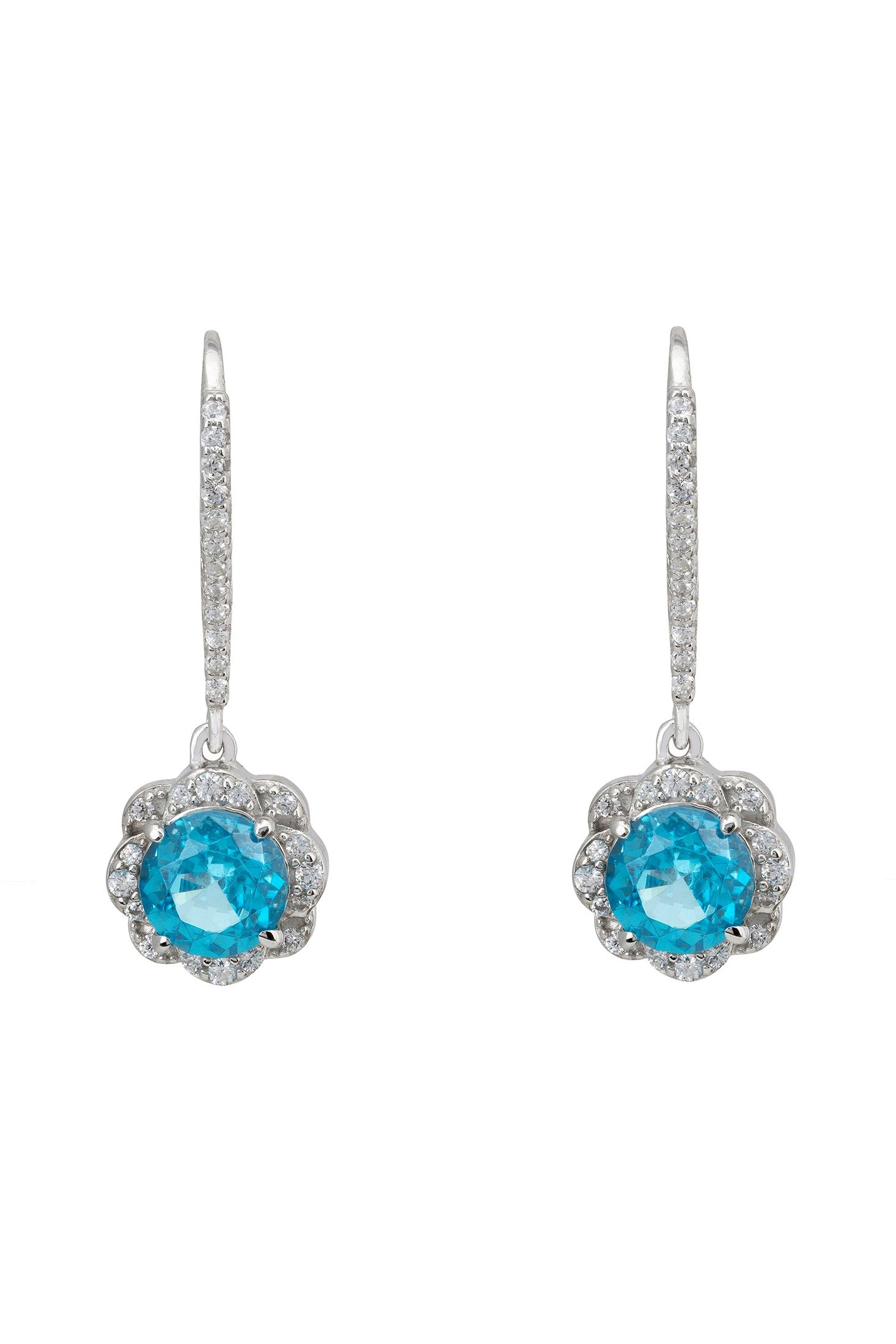 Blue gemstone diamond flower earrings.