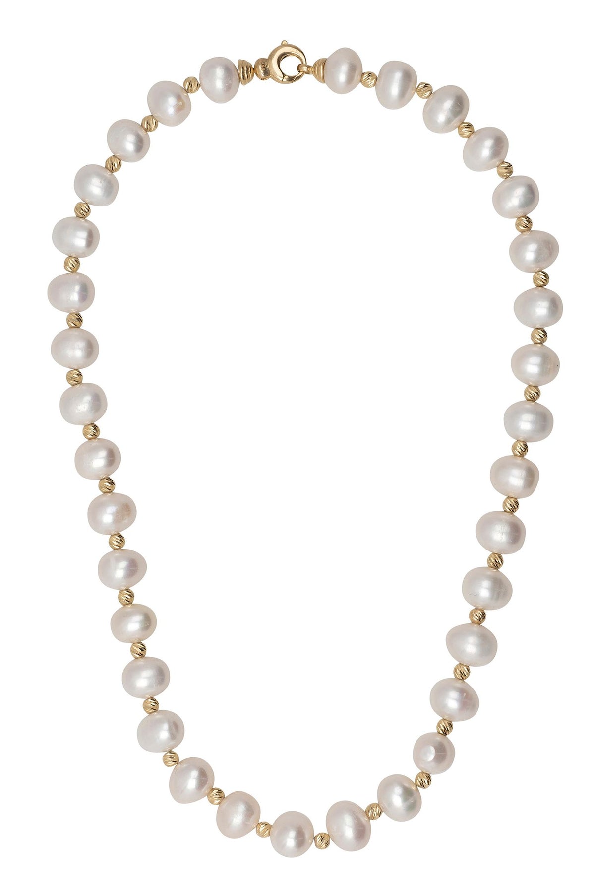 Front view of Solid 14K Gold Classic Natural Pearl Necklace, showing bee design, freshwater pearl and pearl detailing, gold finish.