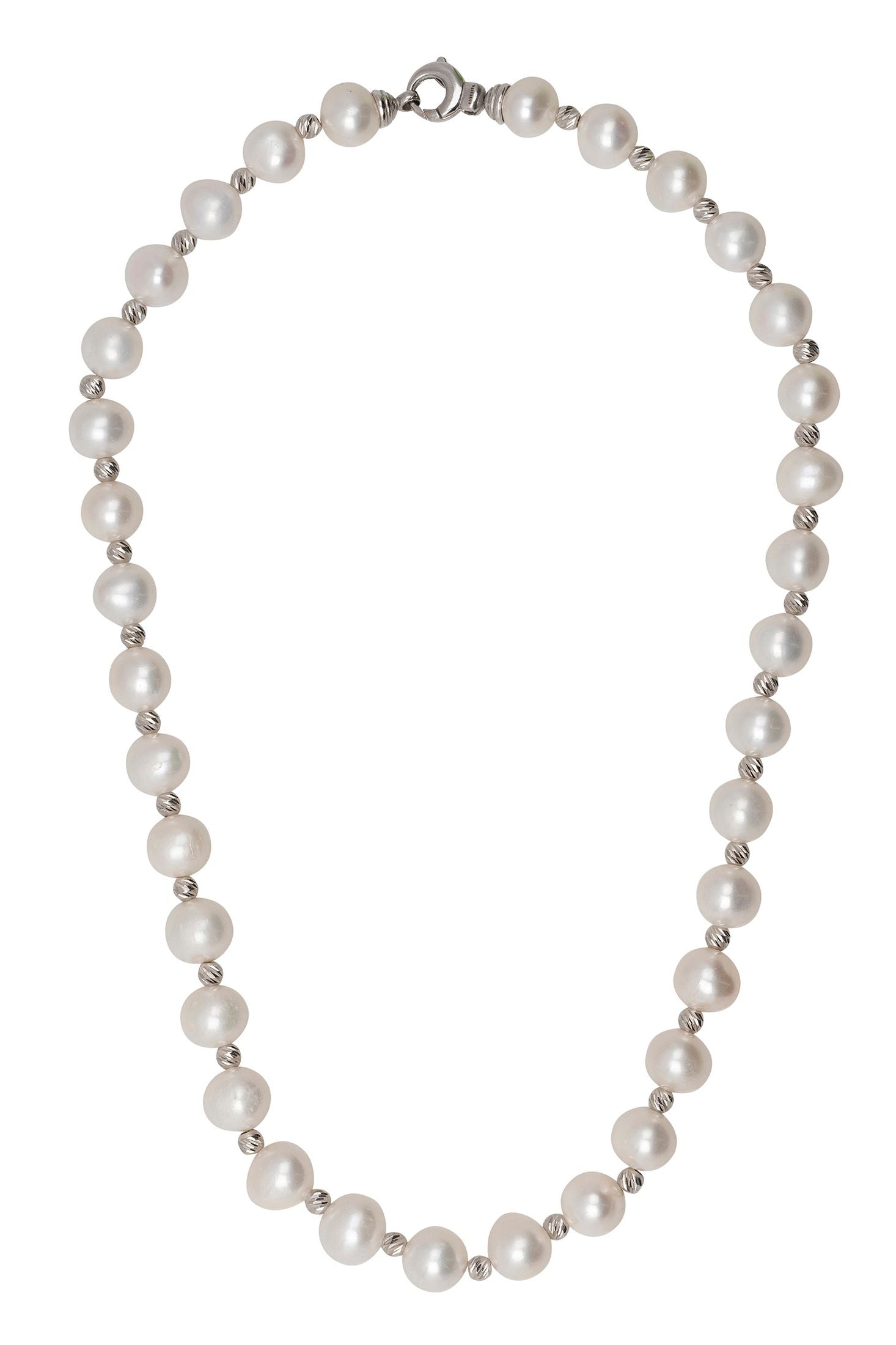 Front view of Solid 14K White Gold Classic Natural Pearl Necklace, showing bee design, freshwater pearl and pearl detailing, gold finish.