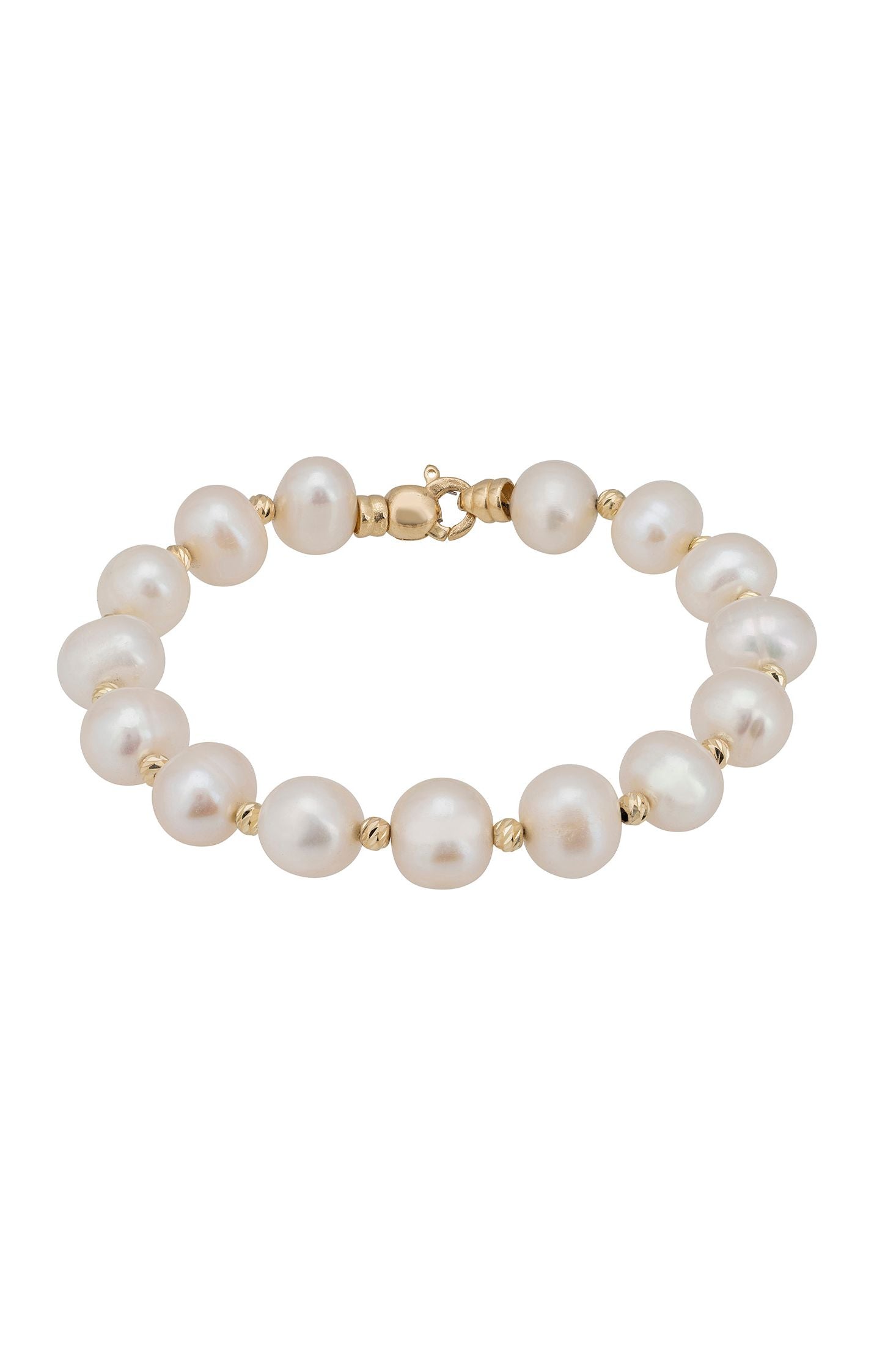 Front view of Solid 14K Gold Classic Natural Pearl Bracelet, showing bee design, freshwater pearl and pearl detailing, gold finish.