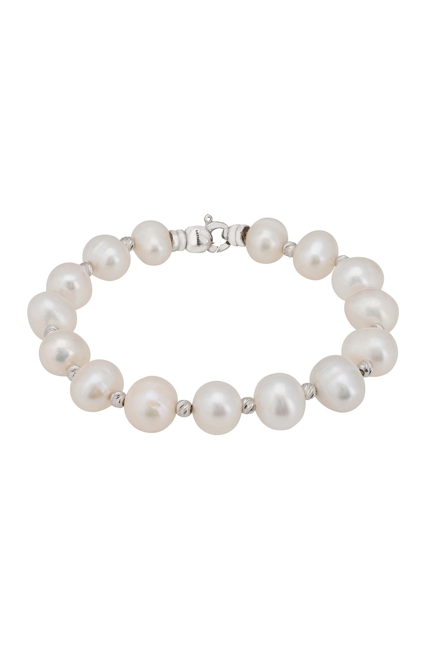 Front view of Solid 14K White Gold Classic Natural Pearl Bracelet, showing bee design, freshwater pearl and pearl detailing, gold finish.