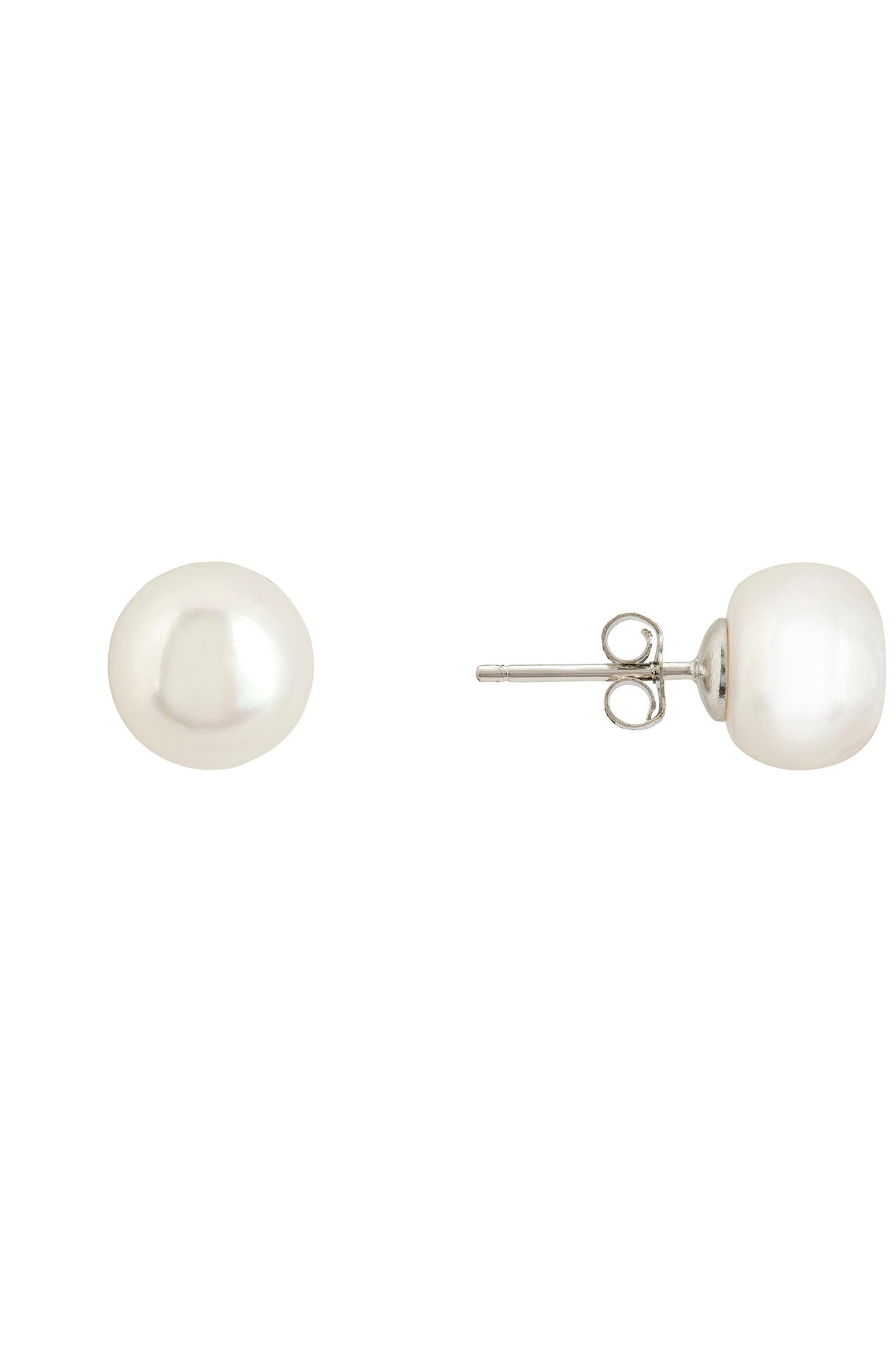 Angled view of Solid 14K White Gold 11mm Classic Natural Pearl Stud Earrings, showing pearl detailing, gold finish and the jewellery profile.