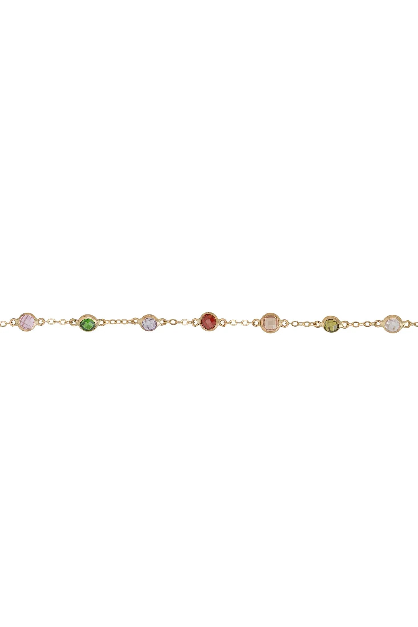 Angled view of Solid 14K Gold Rainbow Multi Gemstone Bracelet, showing bow design, gold finish and the jewellery profile.