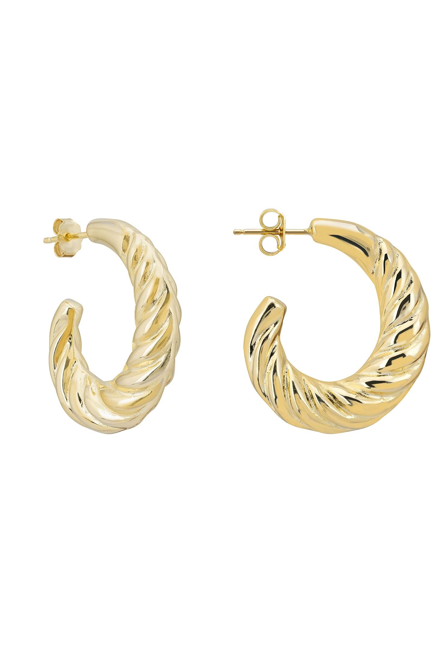 Angled view of Twirl Harmony Hoop Earrings Gold, showing gold finish and the jewellery profile.