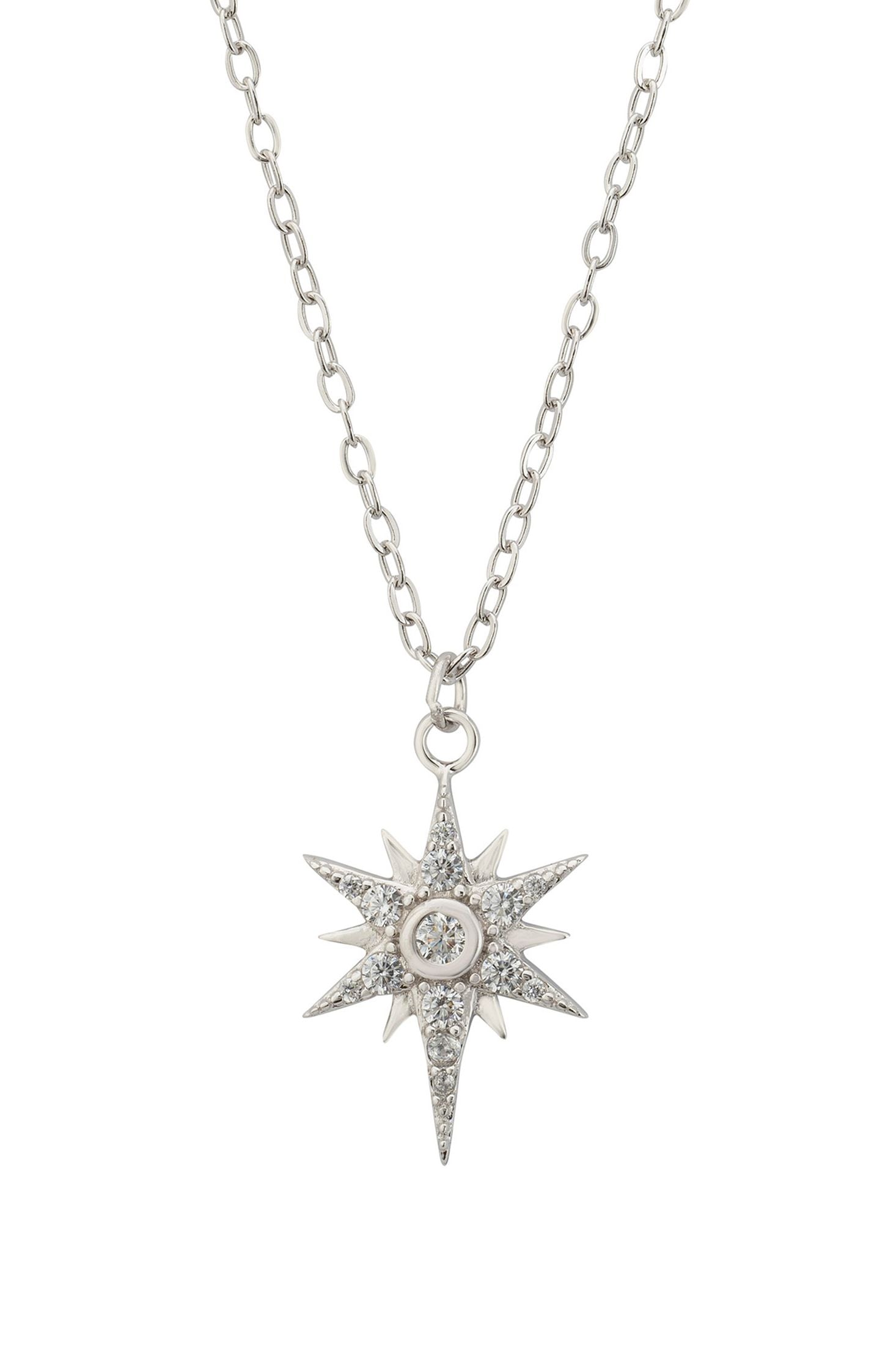 Front view of Sunbeam Symphony Pendant Necklace Silver, showing star design, cubic zirconia and zirconia detailing, silver finish.