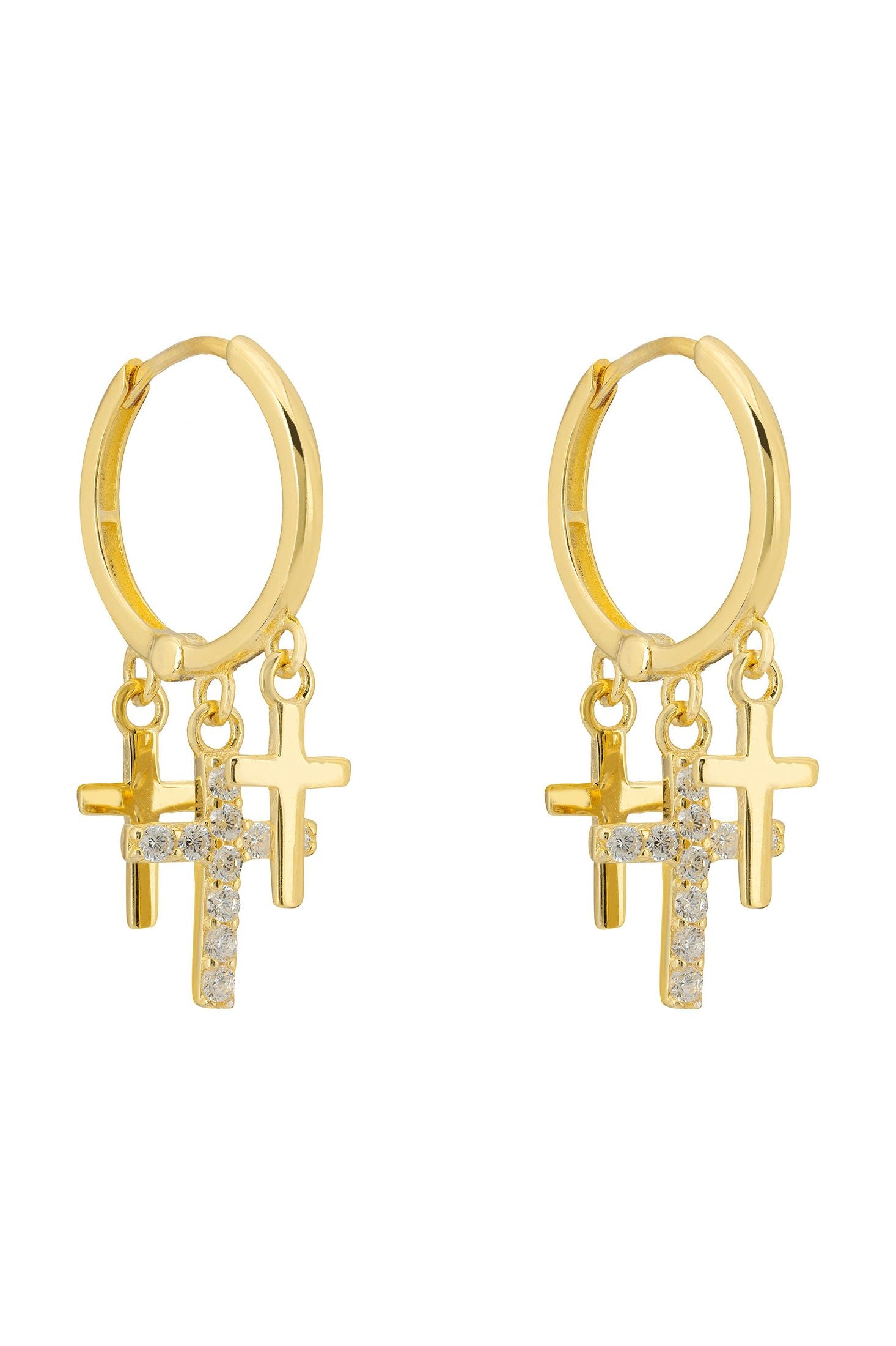 Front view of Faith Triple Fashion Hoop Earrings Gold, showing cross design, gold finish.