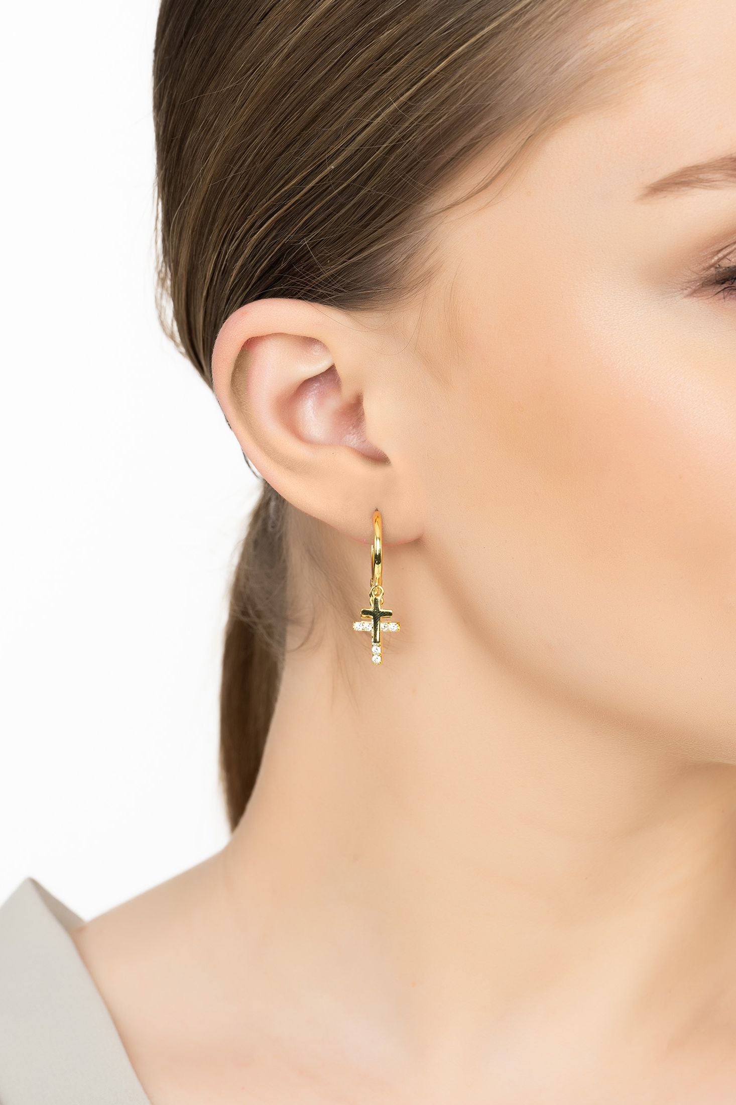 Angled view of Faith Triple Fashion Hoop Earrings Gold, showing gold finish and the jewellery profile.