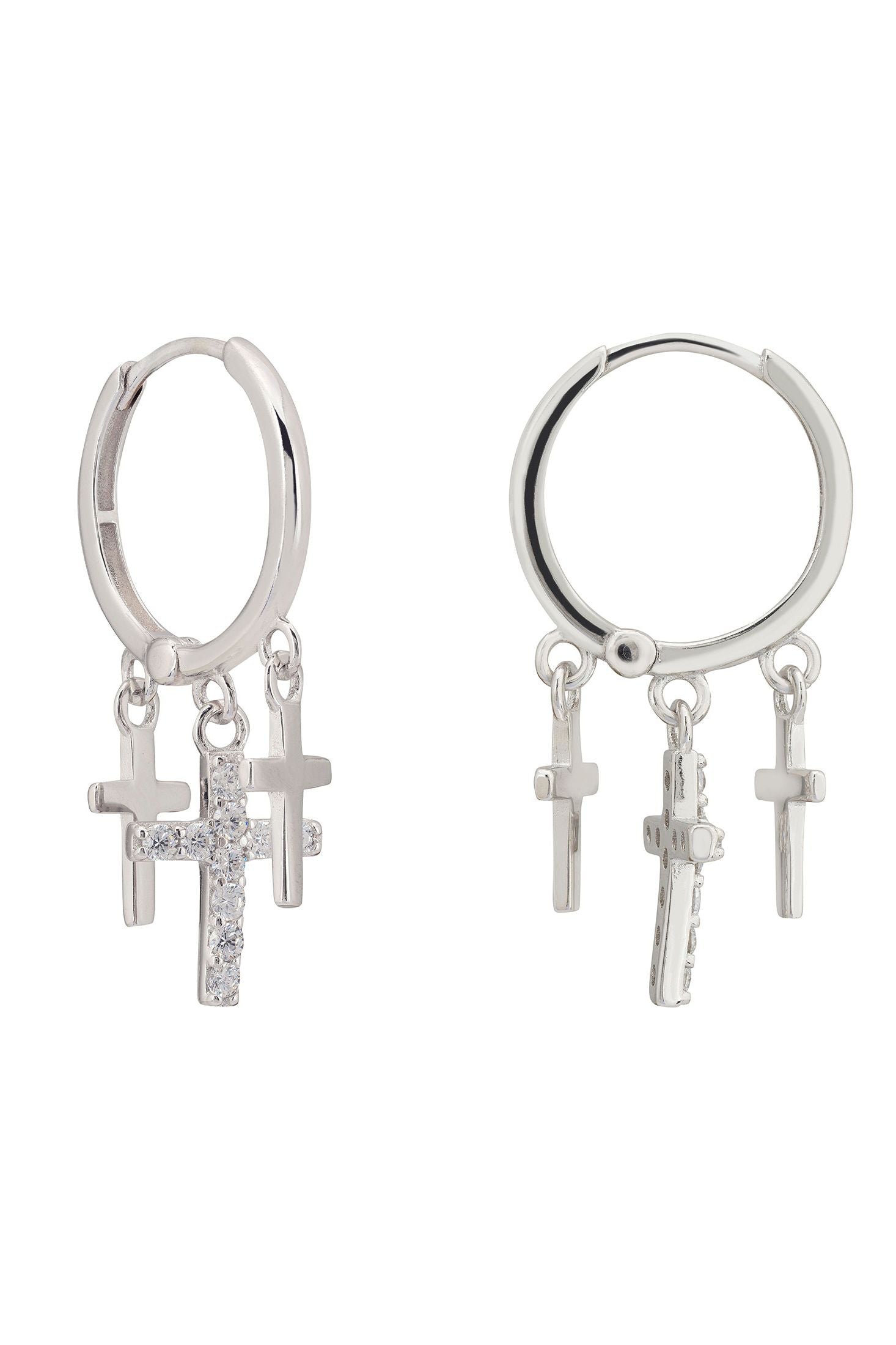 Angled view of Faith Triple Fashion Hoop Earrings Silver, showing silver finish and the jewellery profile.
