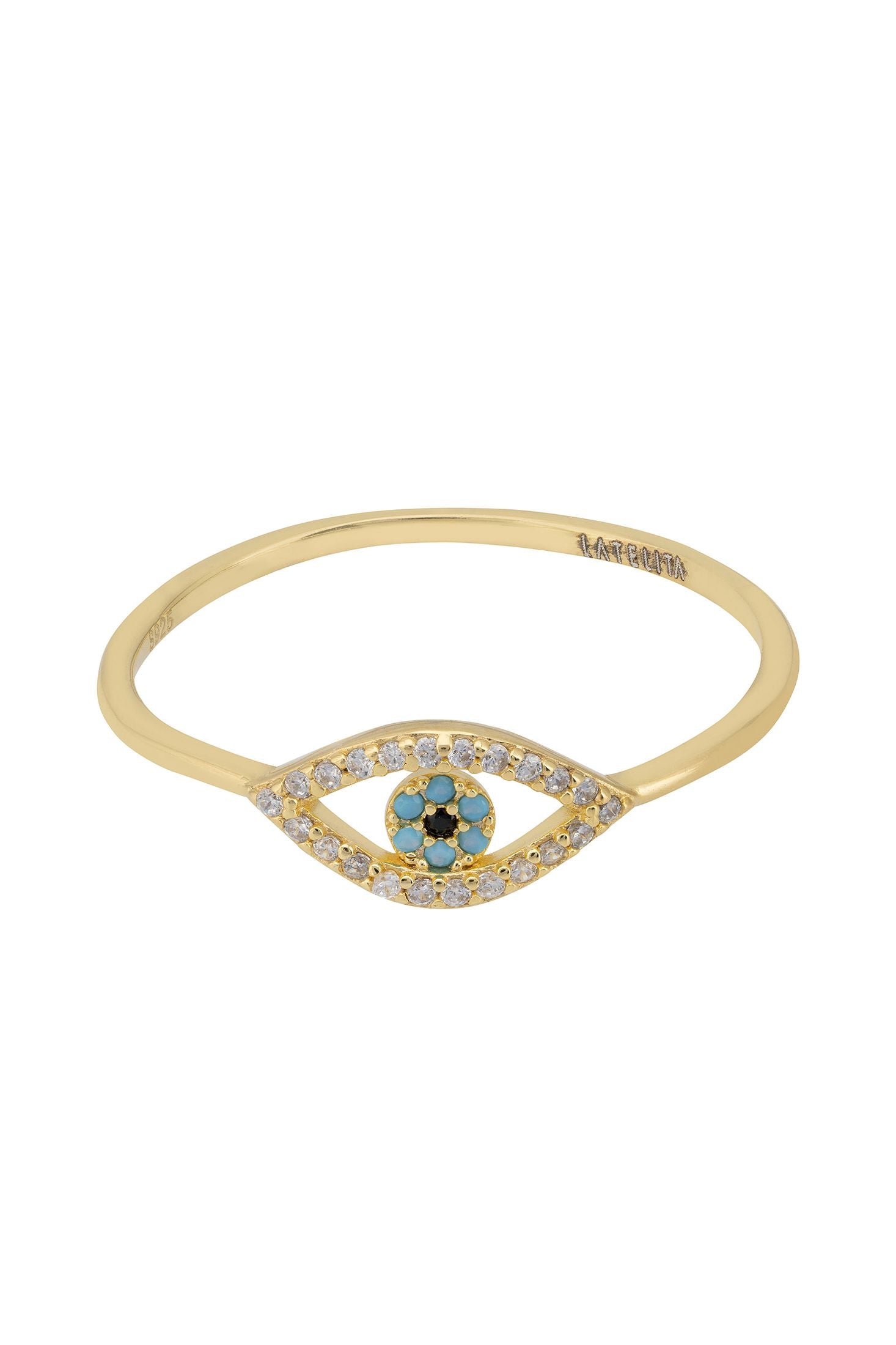 Angled view of Mystical Evil Eye Ring Gold, showing evil eye design, gold finish and the jewellery profile.