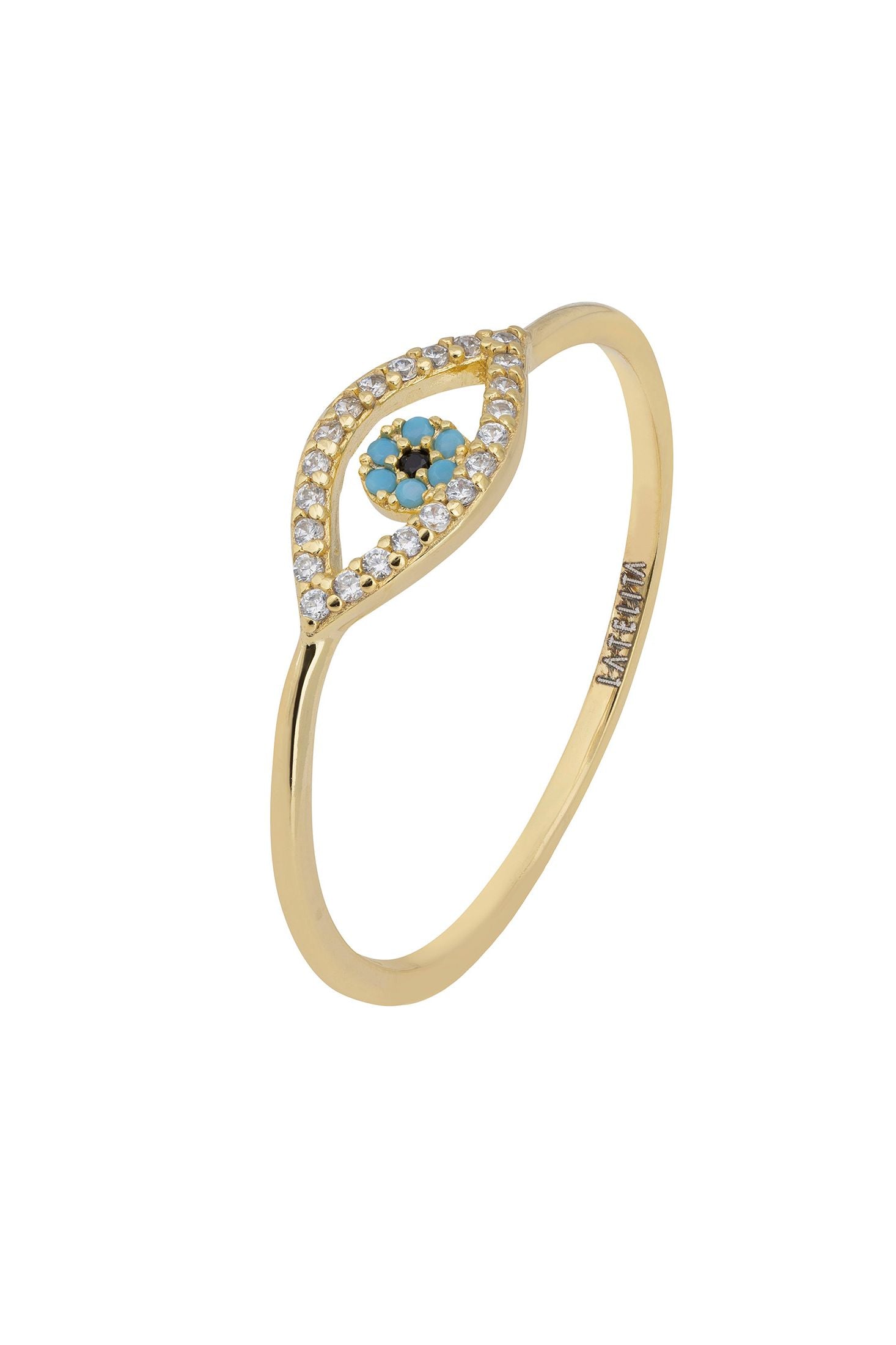 Front view of Mystical Evil Eye Ring Gold, showing evil eye design, zirconia and turquoise detailing, gold finish.