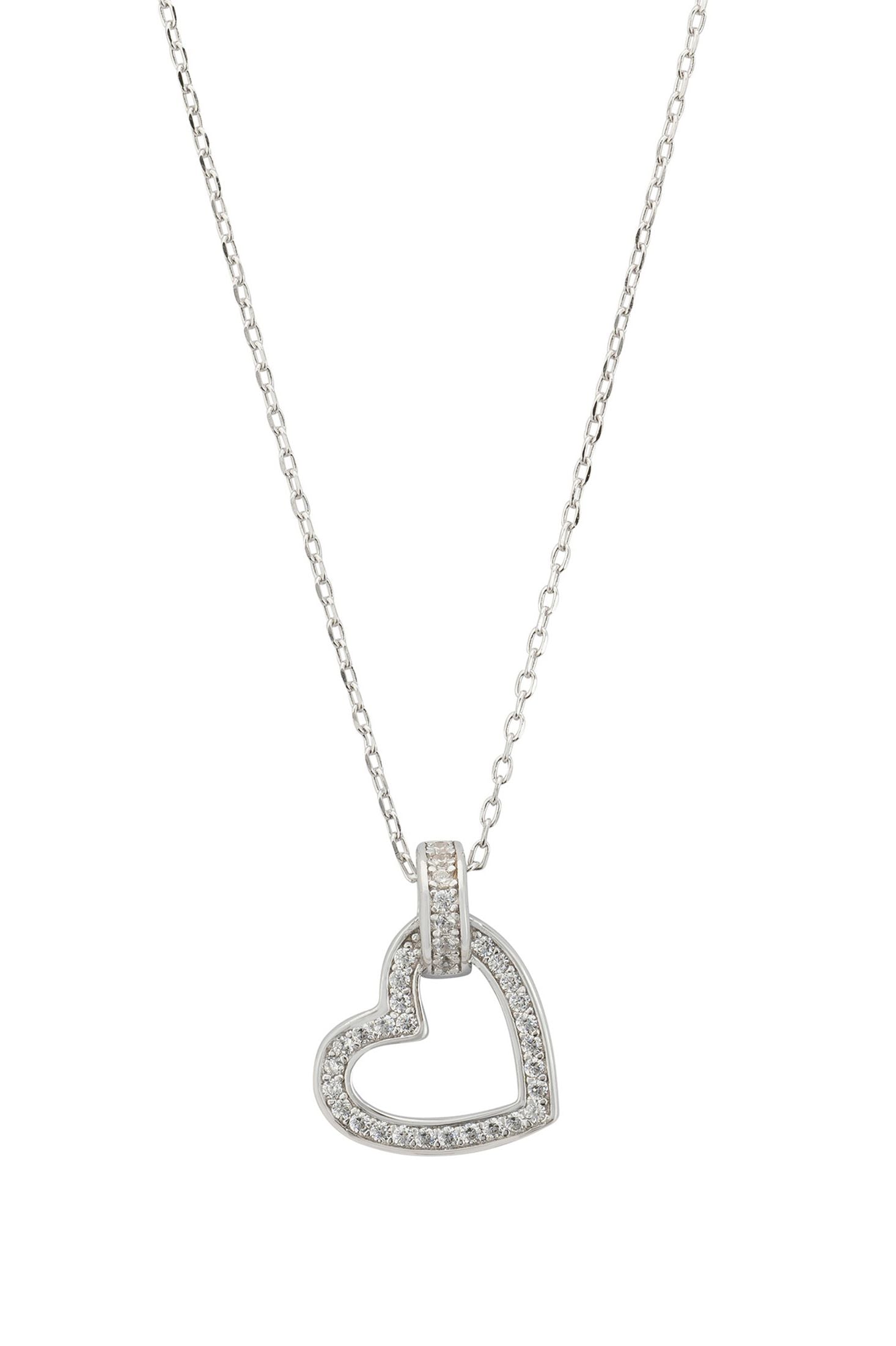 Front view of Cherished Heart Pendant Necklace Silver, showing heart design, cubic zirconia and zirconia detailing, silver finish.