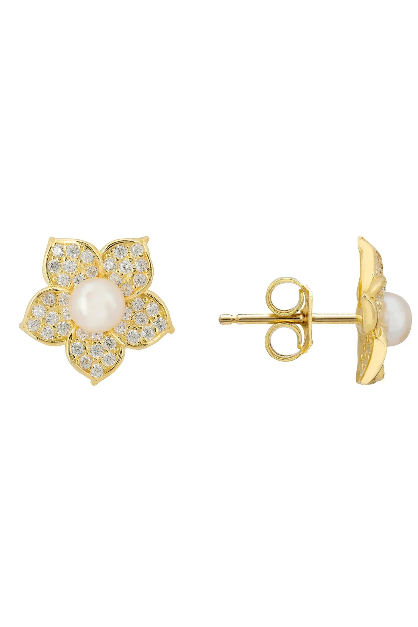 Angled view of Forget Me Not Pearl Stud Earrings Gold, showing pearl detailing, gold finish and the jewellery profile.