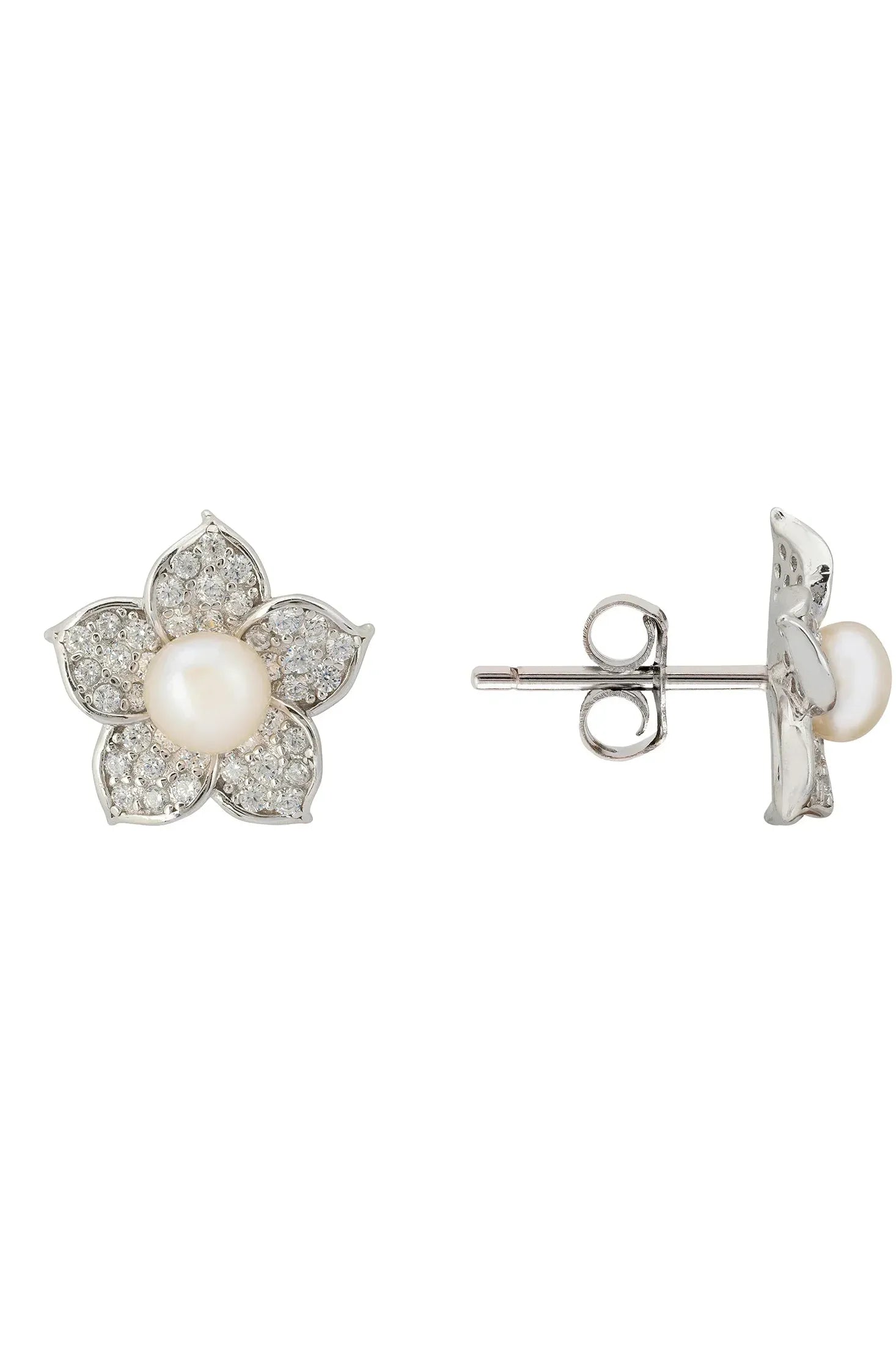 Angled view of Forget Me Not Pearl Stud Earrings Silver, showing pearl detailing, silver finish and the jewellery profile.
