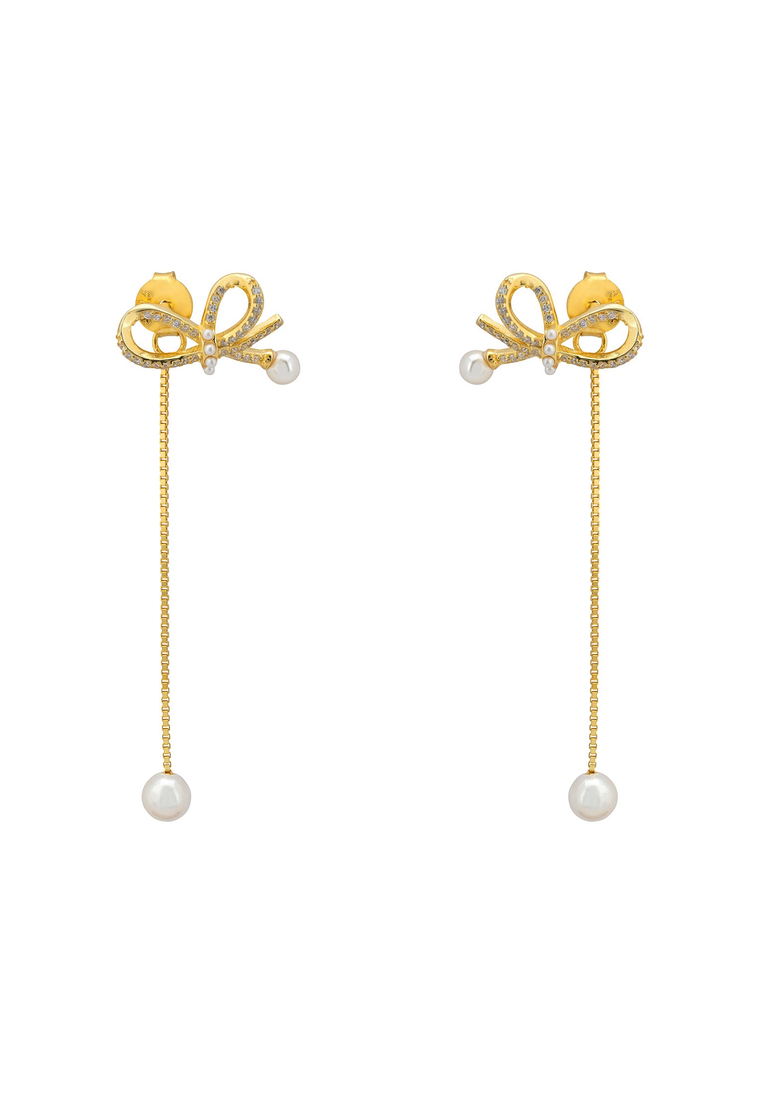 Pendientes colgantes de perlas con cinta fluida en oro