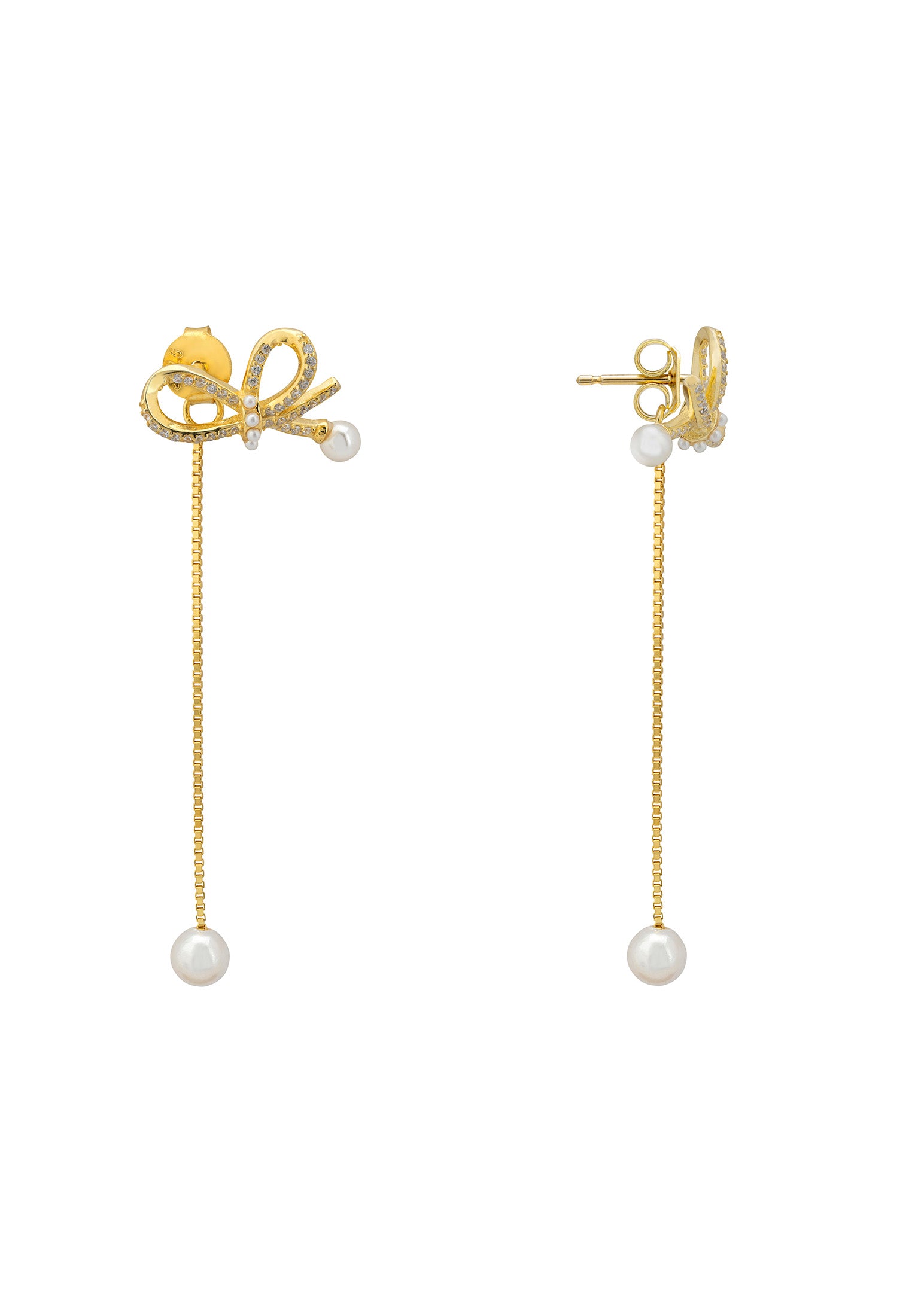 Flowing Ribbon Pearl Drop Earrings Gold