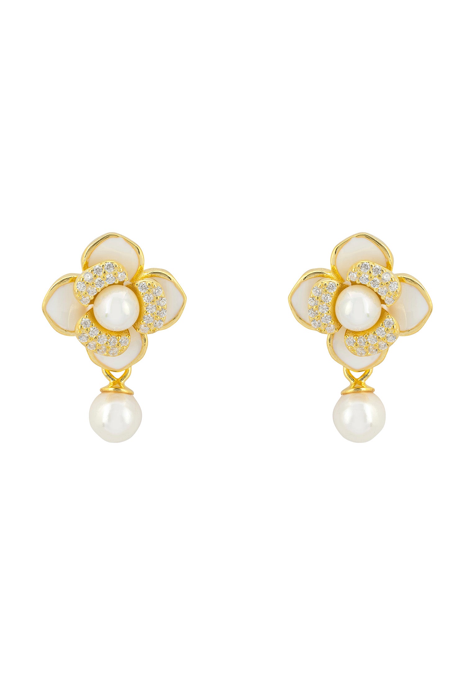Clover Petal Pearl Drop Earrings Gold