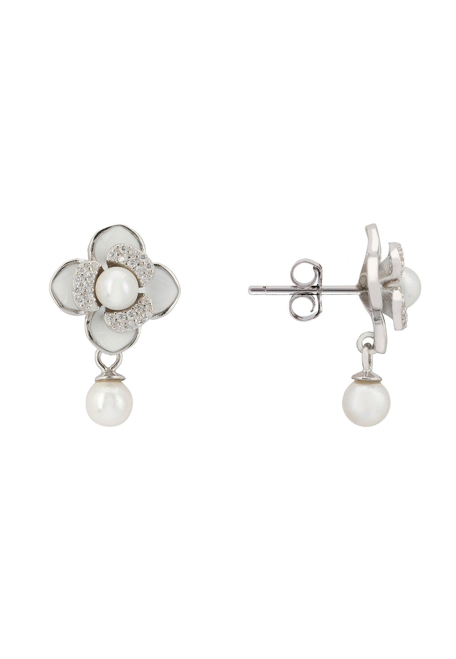 Clover Petal Pearl Drop Earrings Silver
