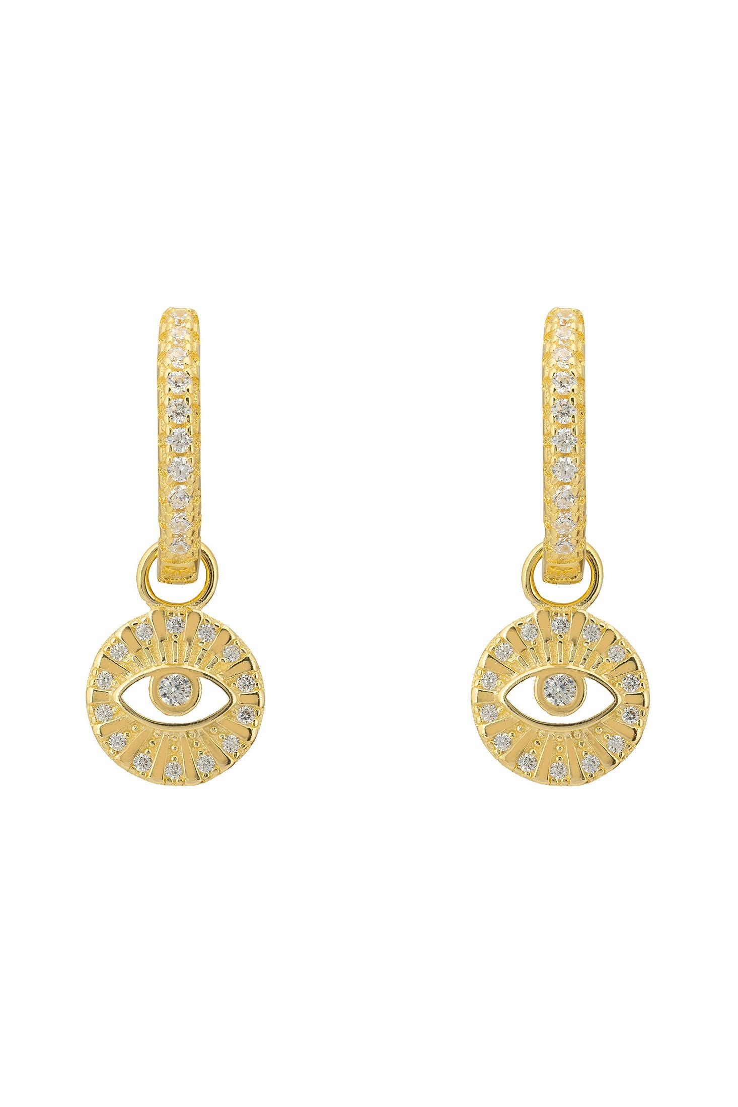 Front view of Illuminati Evil Eye Huggie Hoop Earrings Gold, showing evil eye design, cubic zirconia and zirconia detailing, gold finish.