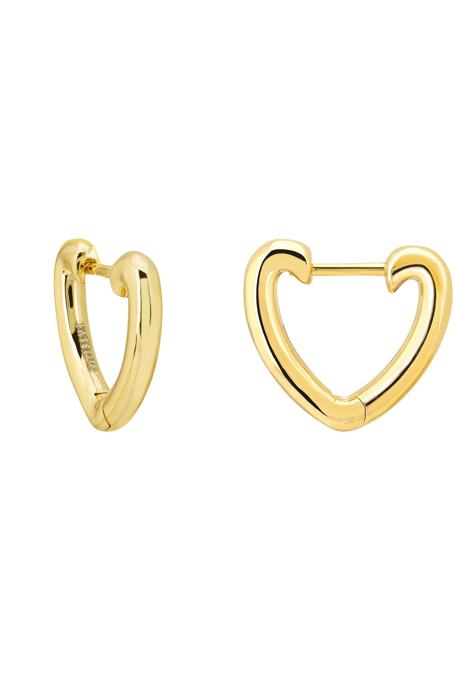 Angled view of My Love Heart Hoop Earrings Gold, showing heart design, gold finish and the jewellery profile.