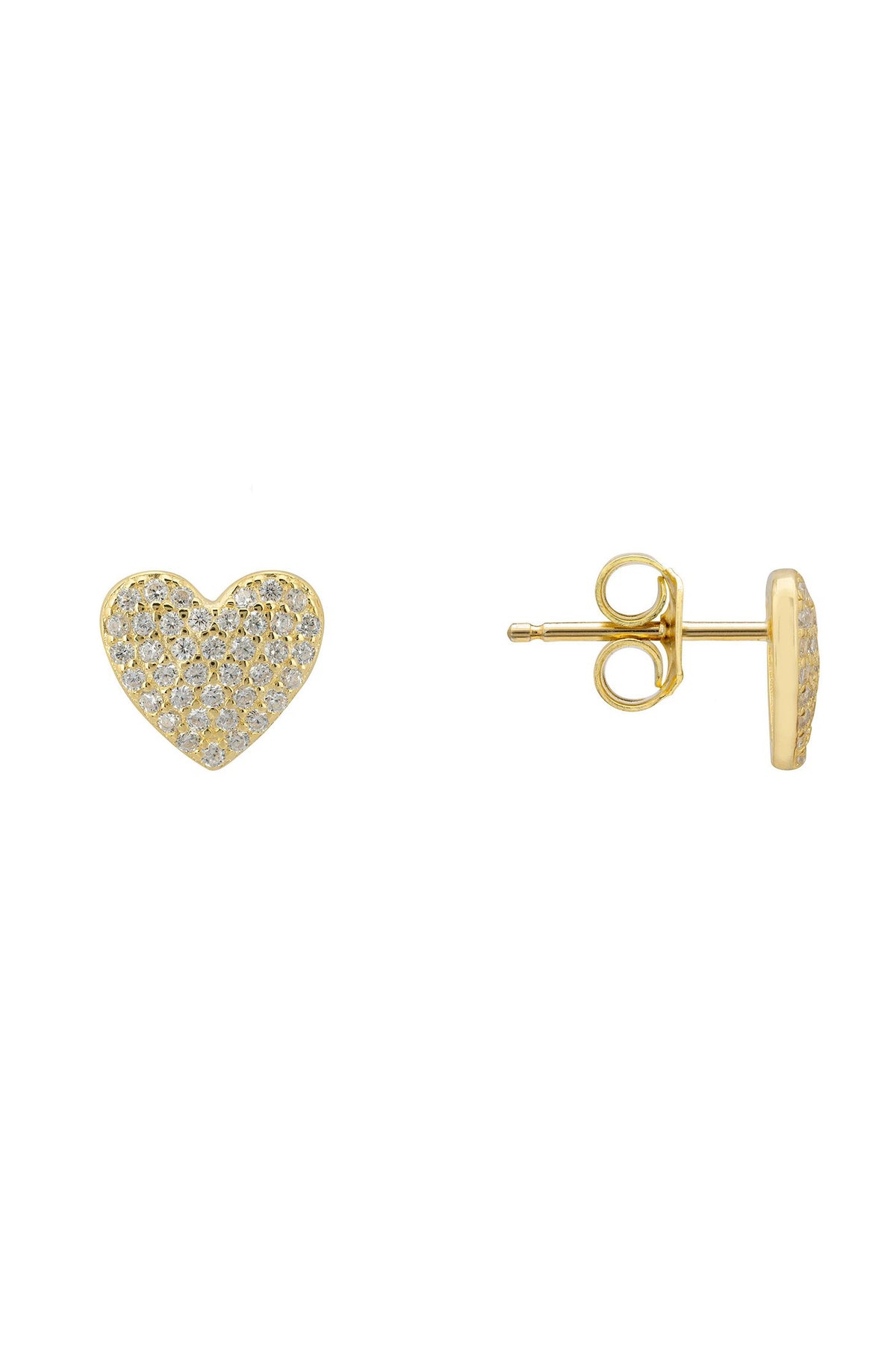 Angled view of Sweetheart Sparkle Stud Earrings Gold, showing heart design, gold finish and the jewellery profile.
