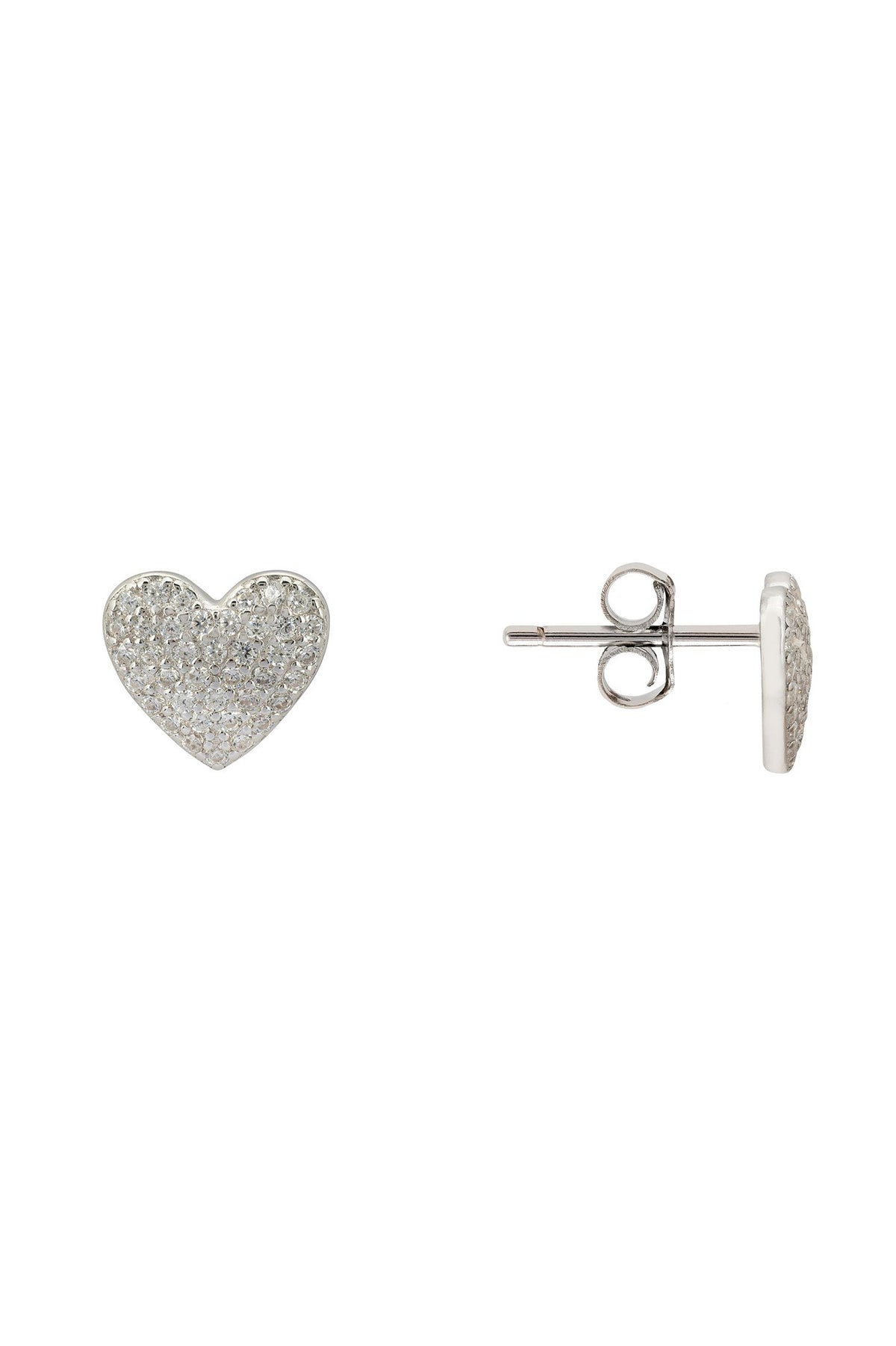 Angled view of Sweetheart Sparkle Stud Earrings Silver, showing heart design, silver finish and the jewellery profile.