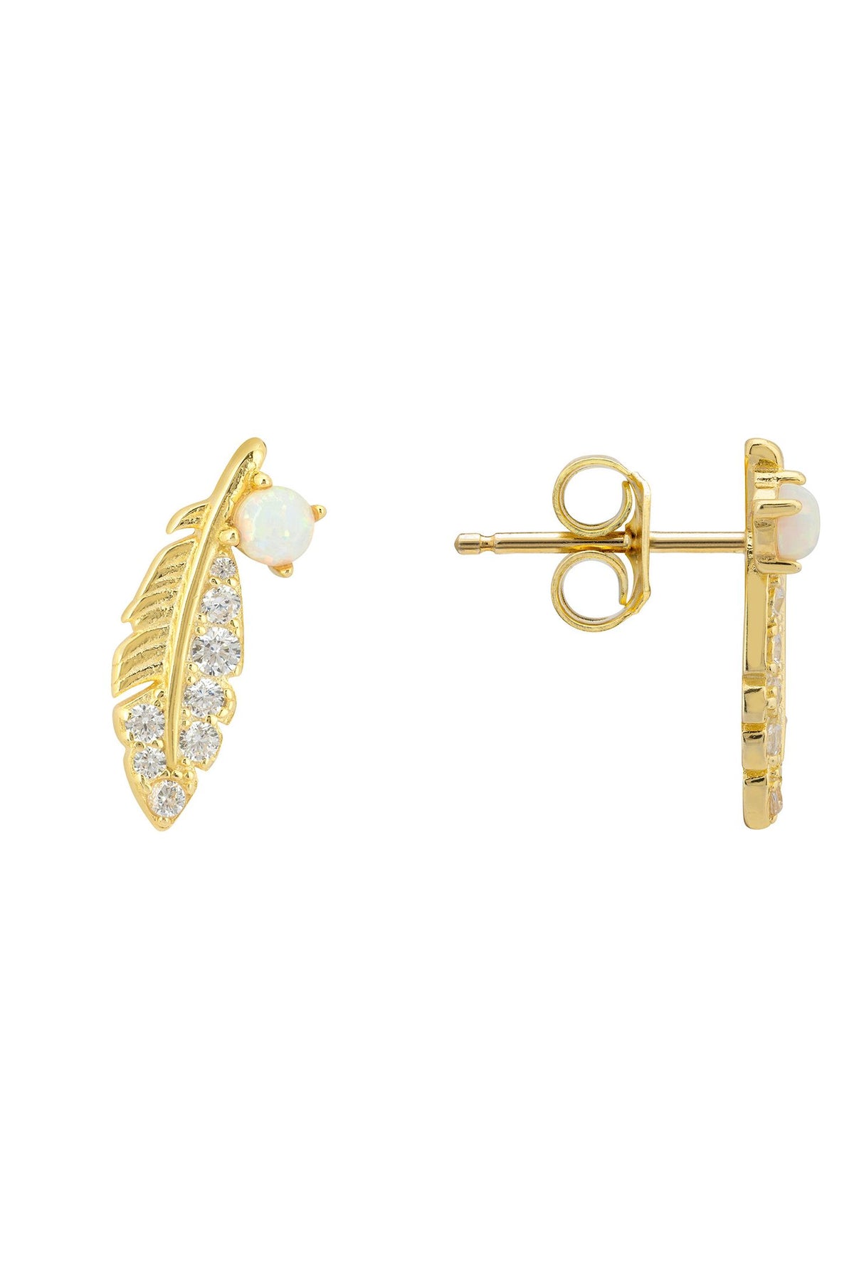 Angled view of Opal Leaf Stud Earrings Gold, showing leaf design, gold finish and the jewellery profile.