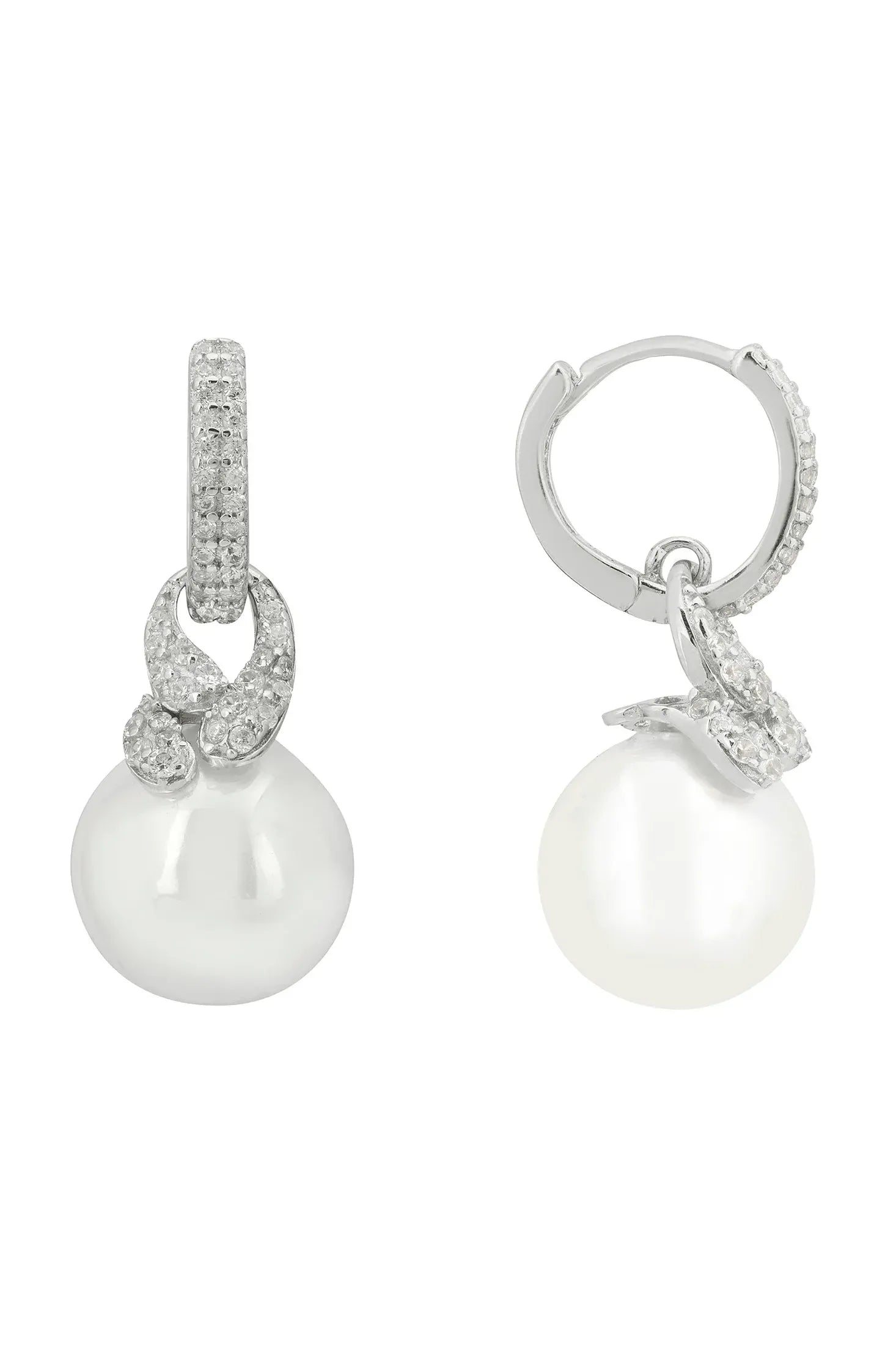 Angled view of Tie The Knot Drop Pearl Earrings Silver, showing pearl detailing, silver finish and the jewellery profile.