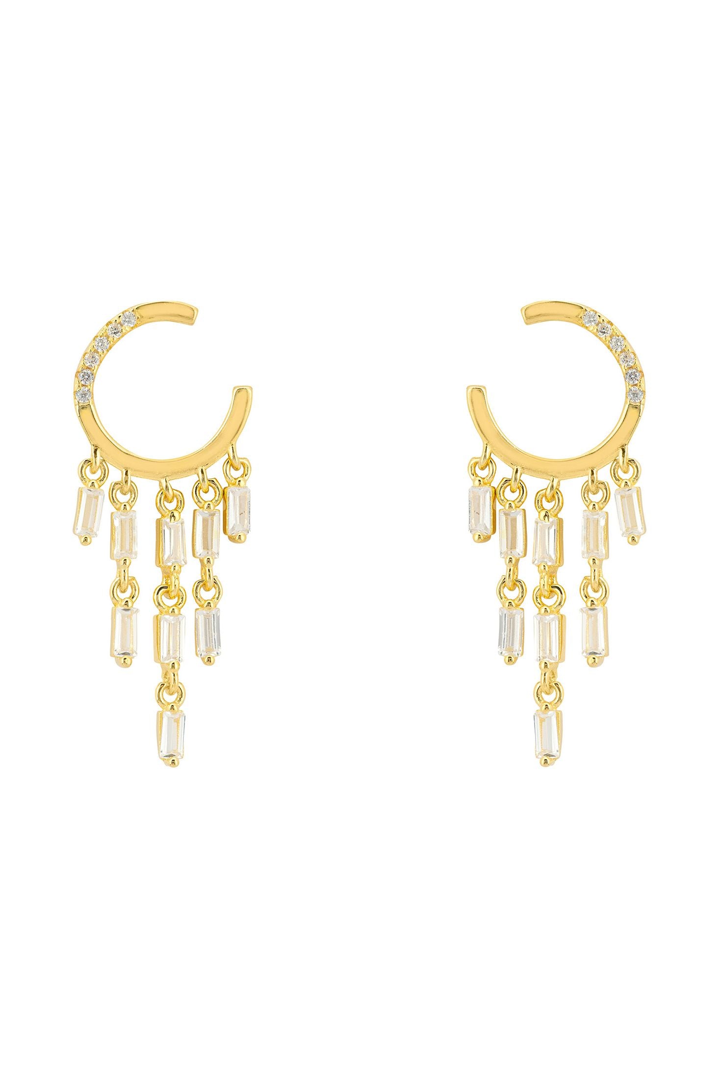 Front view of Waterfall Cascade Drop Earrings Gold, showing feather design, gold finish.