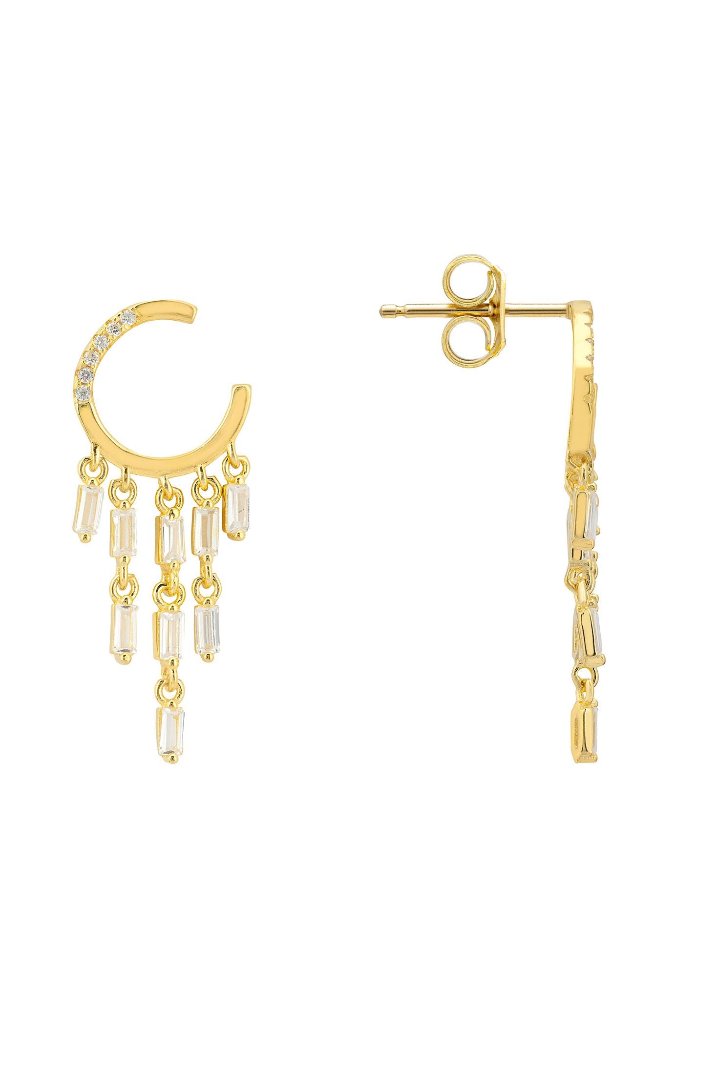 Angled view of Waterfall Cascade Drop Earrings Gold, showing gold finish and the jewellery profile.