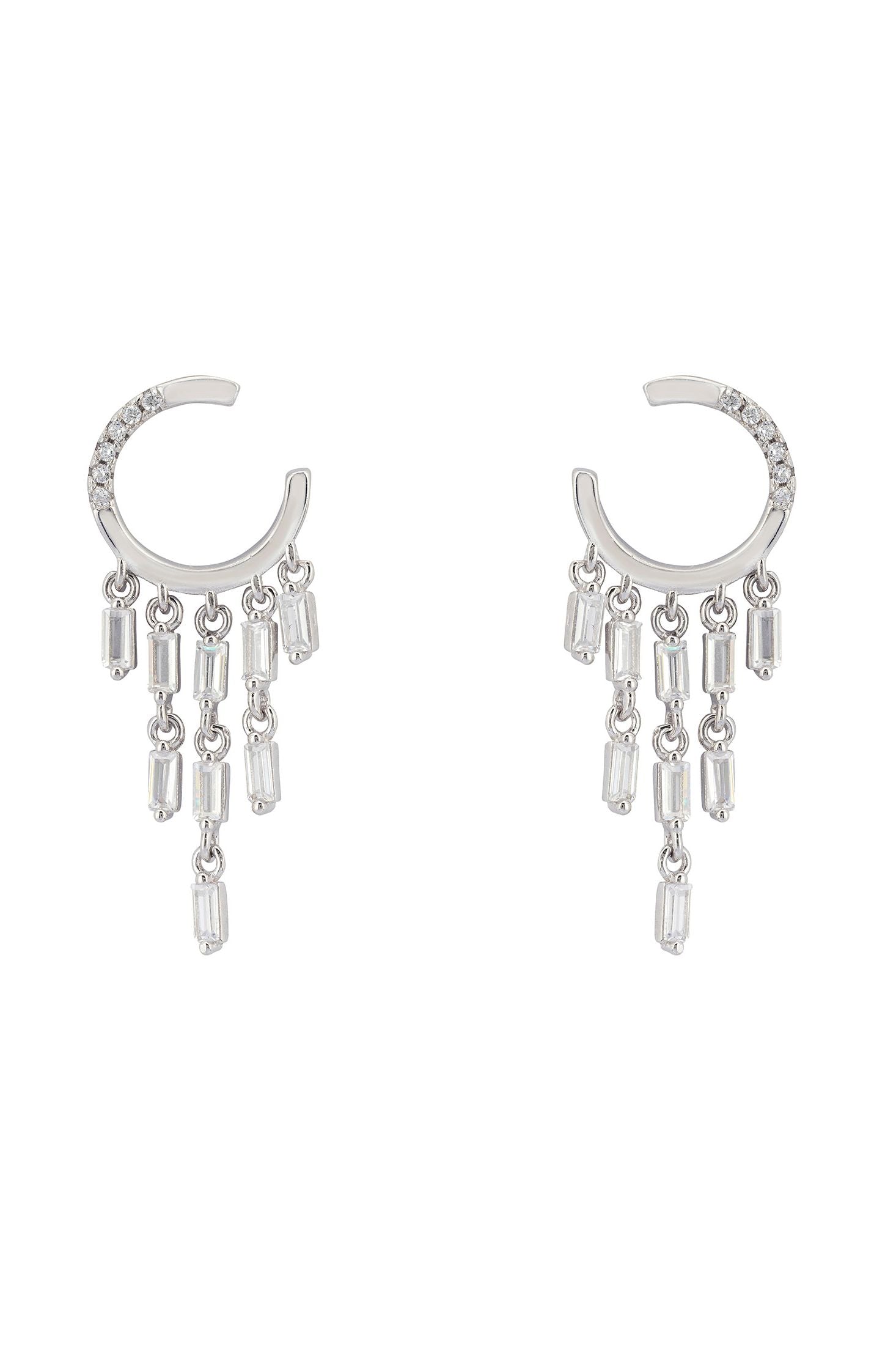 Front view of Waterfall Cascade Drop Earrings Silver, showing sun design, silver finish.