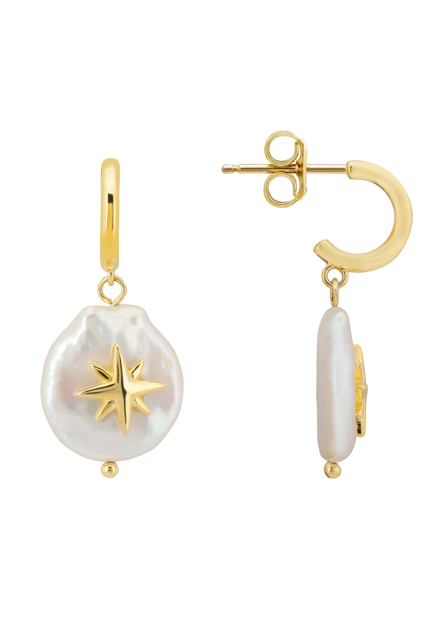 North Star Coin Pearl Drop Earrings Gold