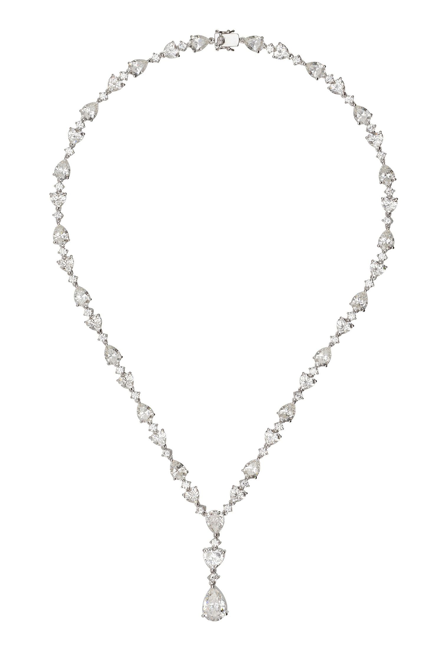 Angled view of Sofia Moissanite Statement Necklace Silver, showing silver finish and the jewellery profile.