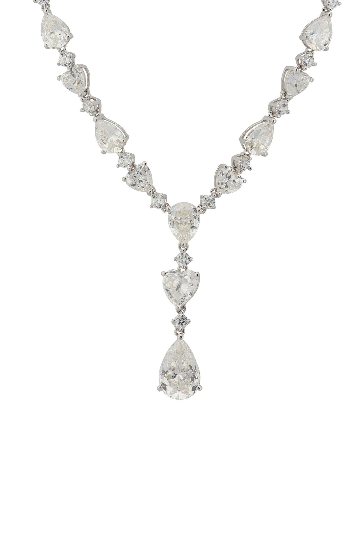 Angled view of Sofia Moissanite Statement Necklace Silver, showing silver finish and the jewellery profile.