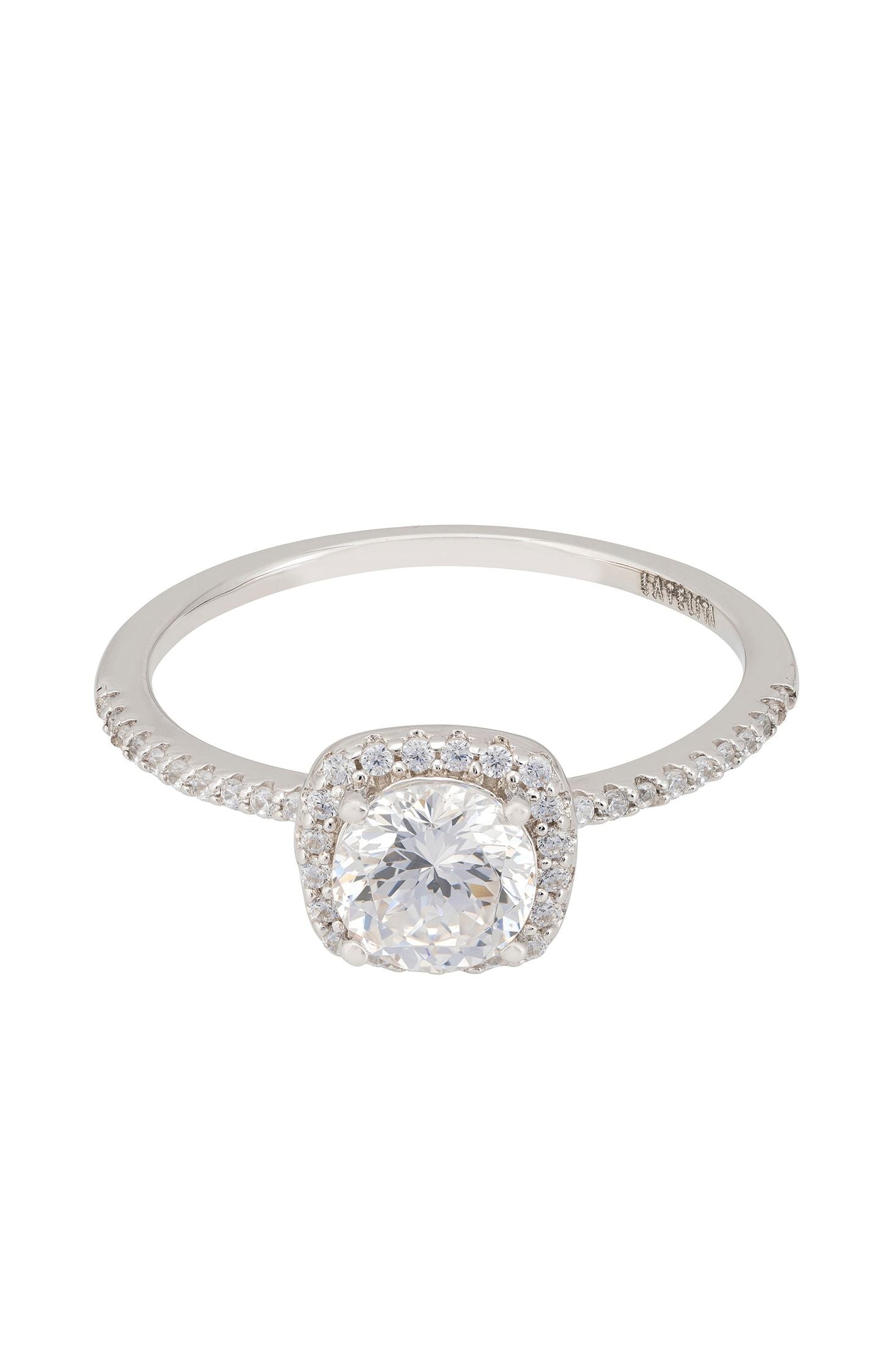 Angled view of Elise Solitaire Moissanite Ring Silver, showing silver finish and the jewellery profile.