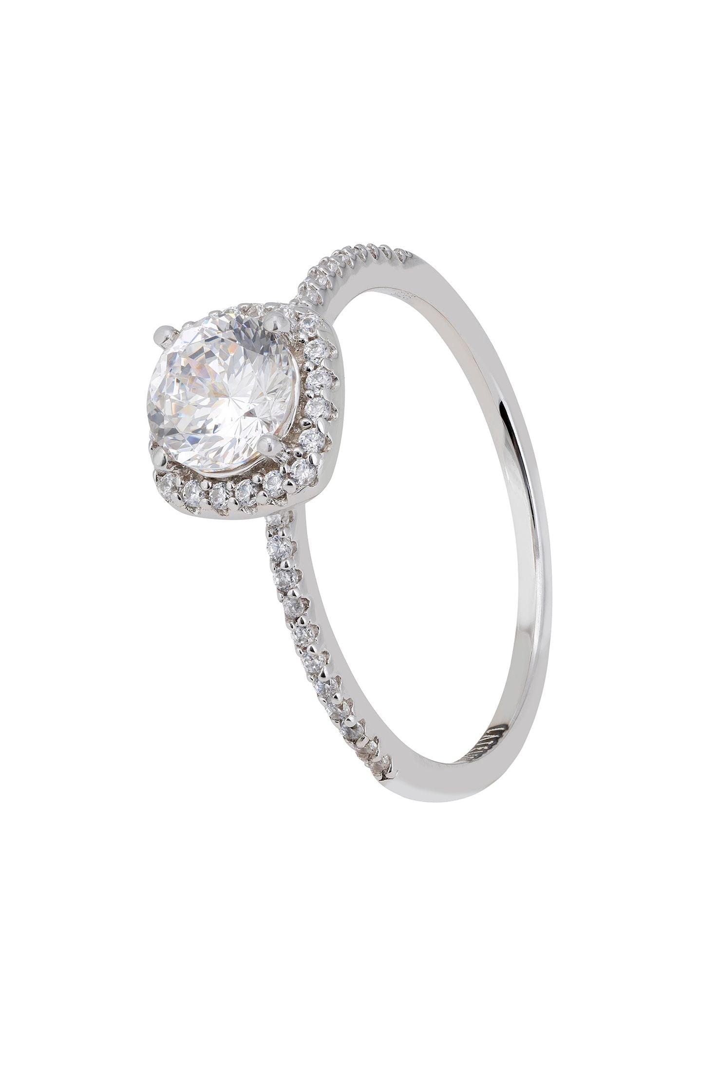 Front view of Elise Solitaire Moissanite Ring Silver, showing cat design, silver finish.
