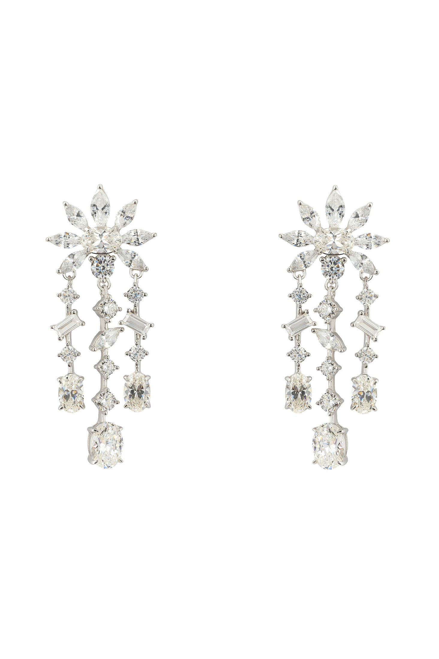 Front view of Margarita Daisy Flower Moissanite Chandelier Earrings Silver, showing flower design, silver finish.