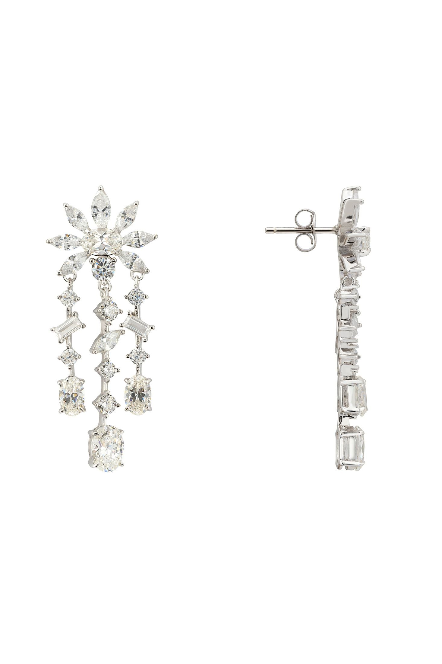 Angled view of Margarita Daisy Flower Moissanite Chandelier Earrings Silver, showing flower design, silver finish and the jewellery profile.