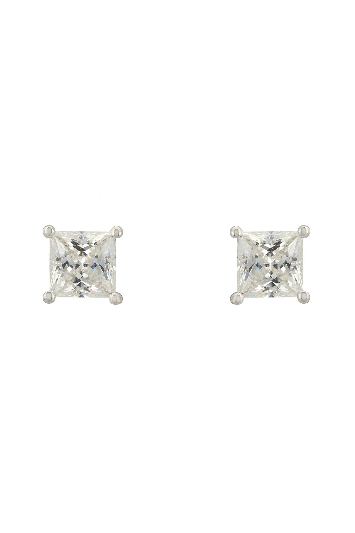 Front view of Square Solitaire Stud Earrings Moissanite Silver, showing feather design, silver finish.