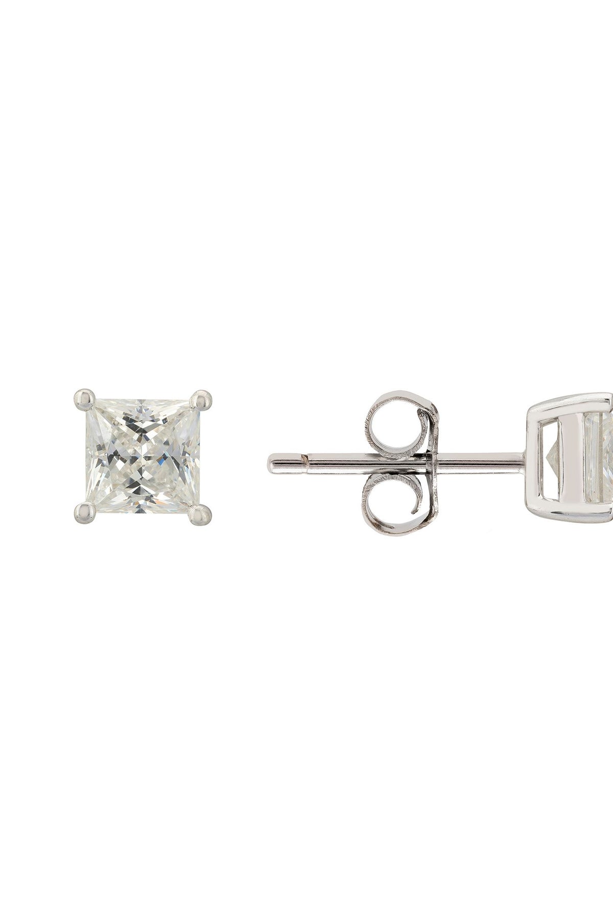 Front view of Mens Single Square Solitaire Stud Earring Moissanite Silver, showing cat design, silver finish.