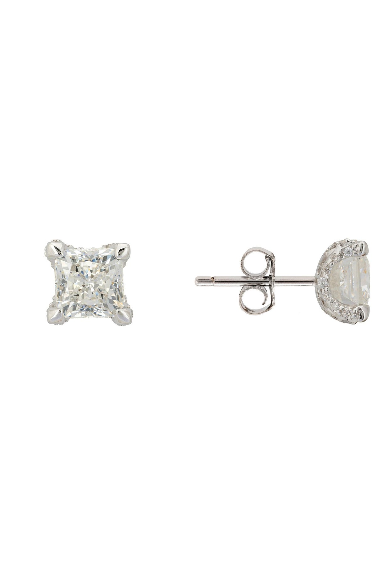 Angled view of Bel Air Square-Cut Solitaire Moissanite Stud Earrings Silver, showing silver finish and the jewellery profile.