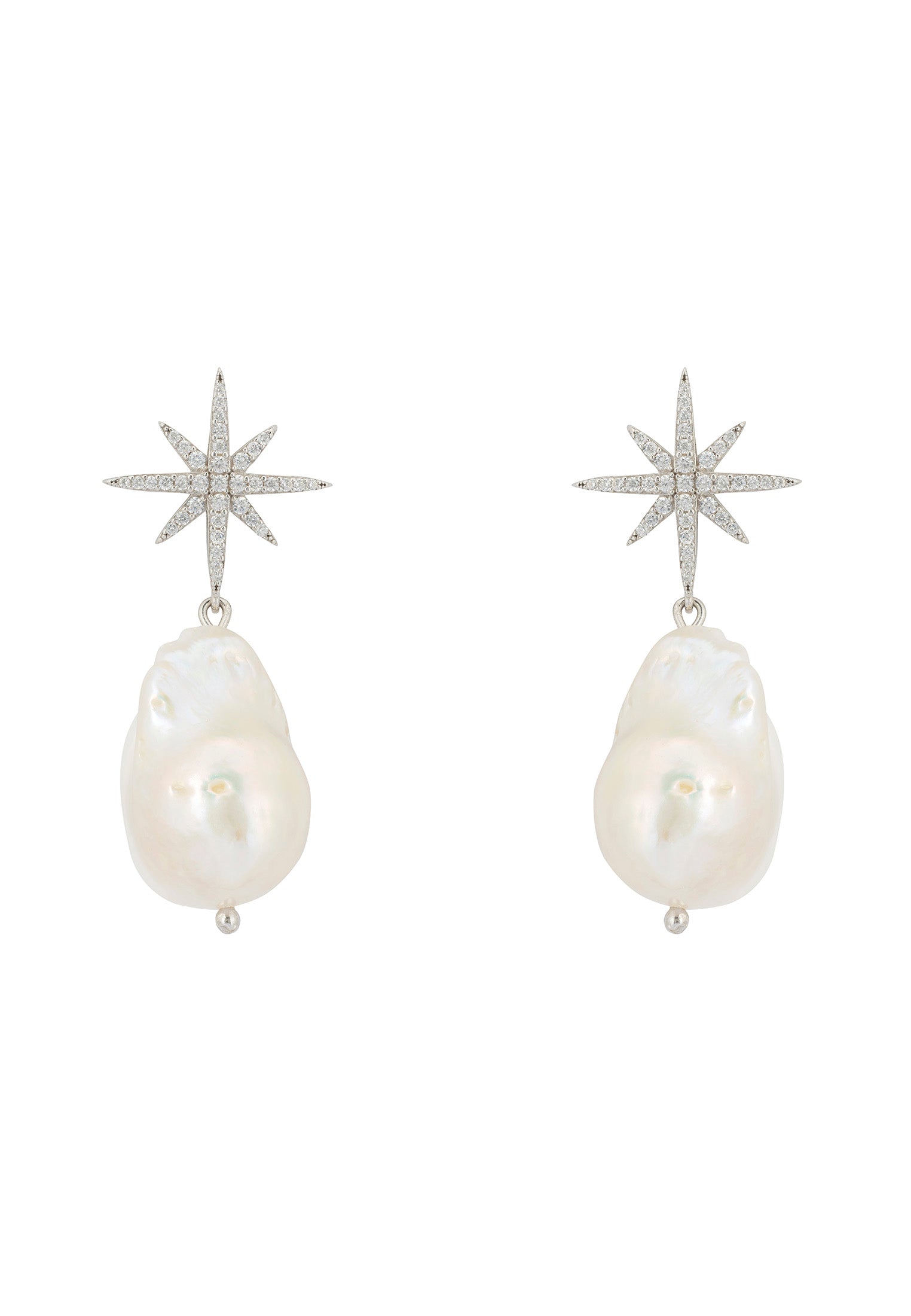 Baroque Pearl Star Burst Drop Earrings Silver