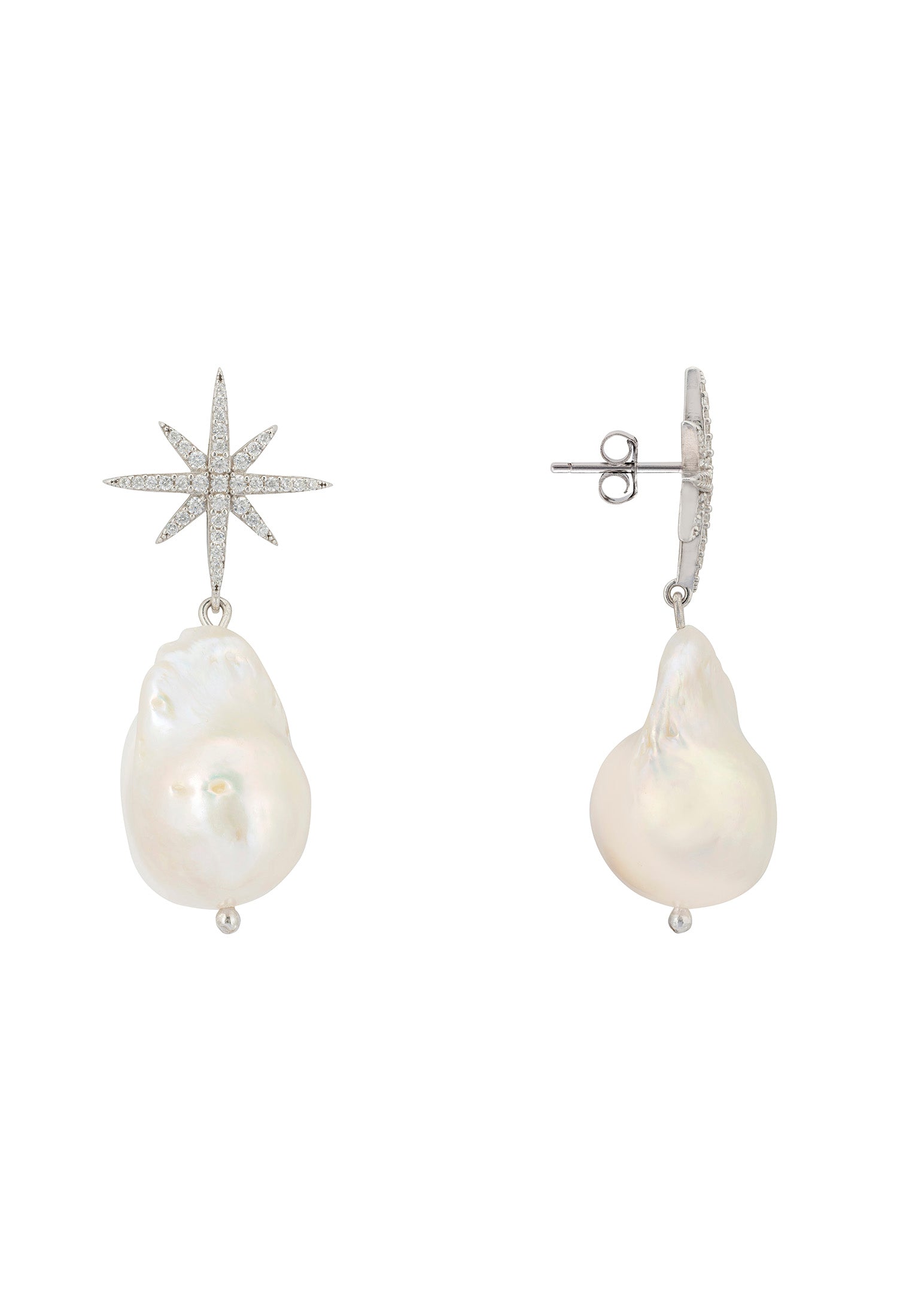 Baroque Pearl Star Burst Drop Earrings Silver