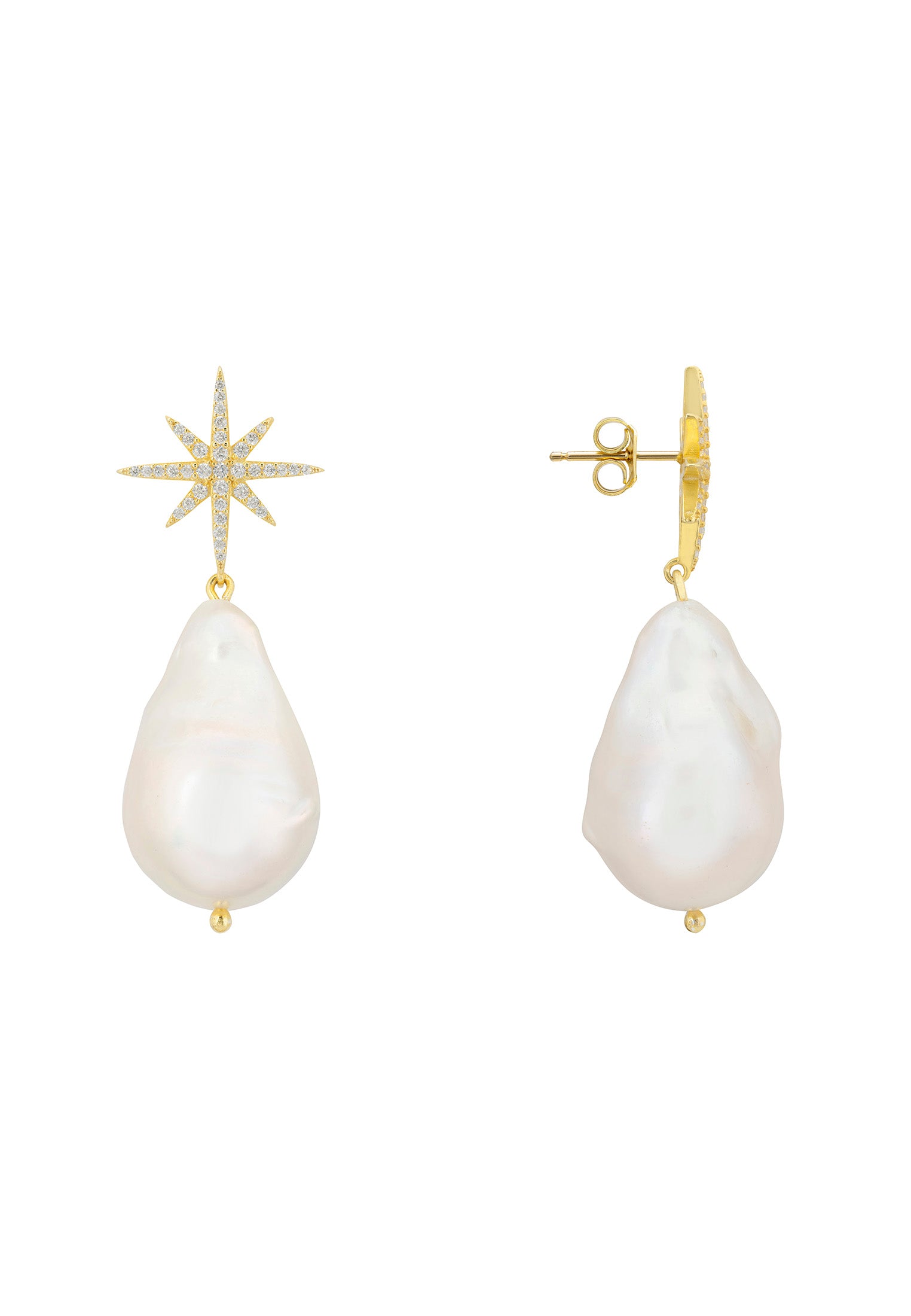Baroque Pearl Star Burst Drop Earrings Gold