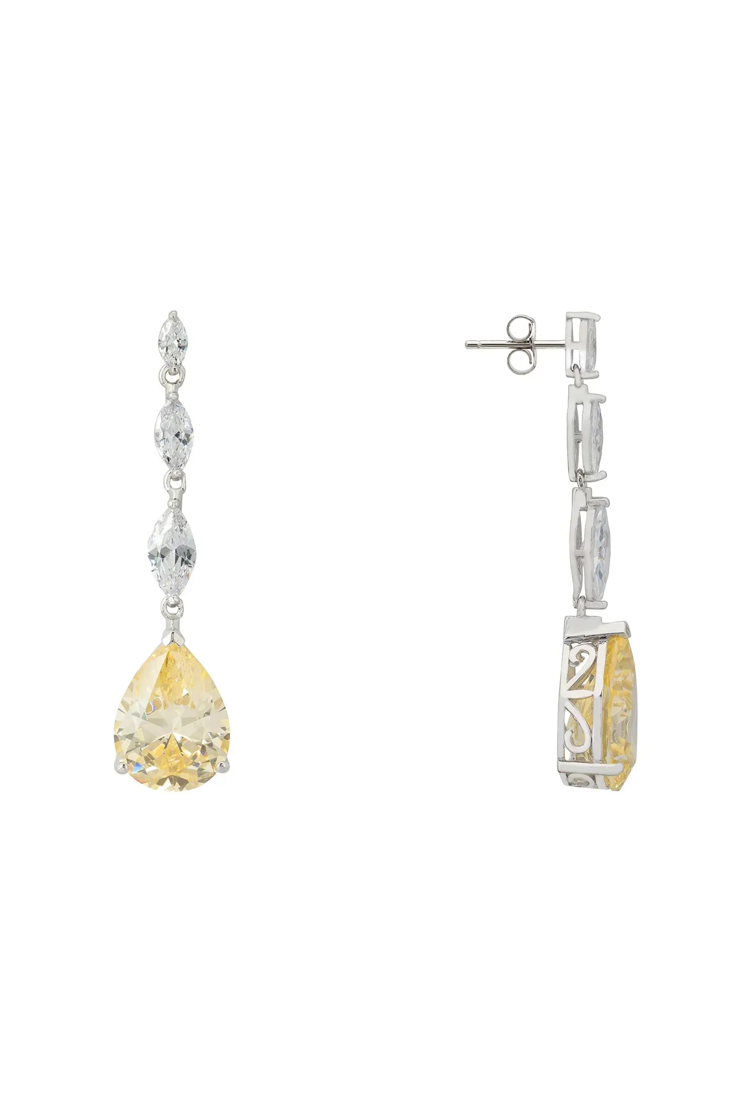 Angled view of Zara Teardrop Yellow Topaz Gemstone Earrings Silver, showing silver finish and the jewellery profile.